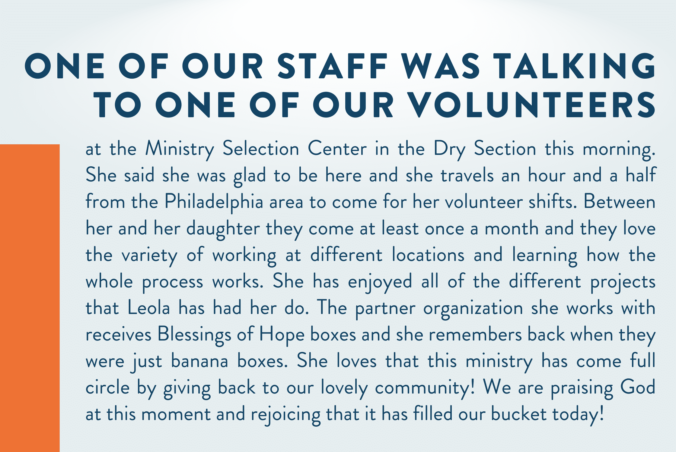 Staff Testimony-2 Praising God, Spread the Gospel, End World Hunger, Body of Christ, Great God, Giving, Loving, Serving, Testimonials, Stories, Volunteers, Look What God Has Done<br />