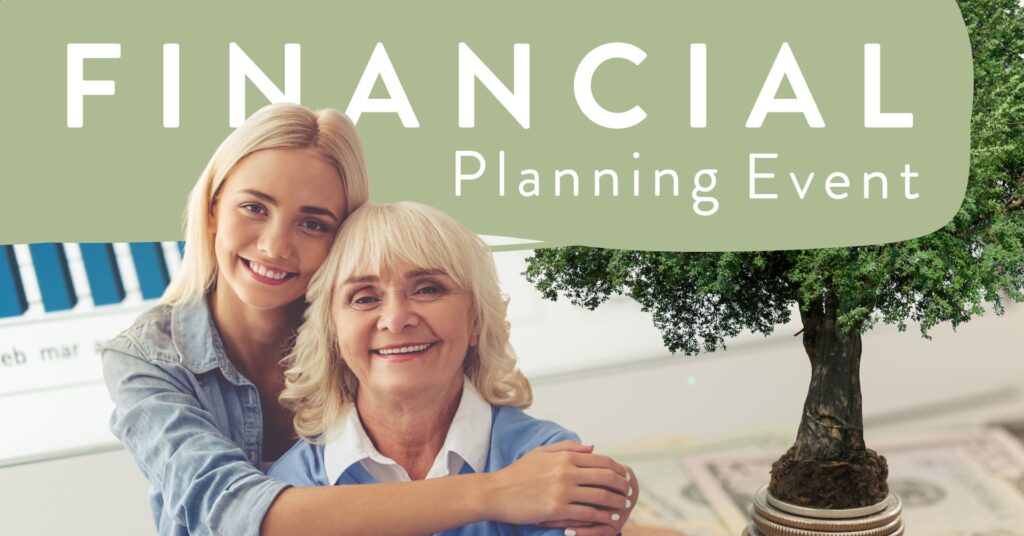 Financial Planning Event banner with smiling women and tree growing from coins, symbolizing growth and stability.