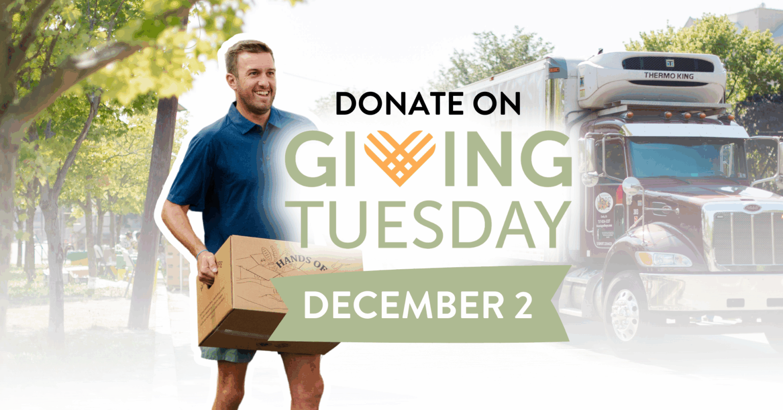 A man carrying a donation box walks along a tree-lined street, promoting the message to donate on Giving Tuesday, December 2. A delivery truck is visible in the background, emphasizing community support and charitable giving.