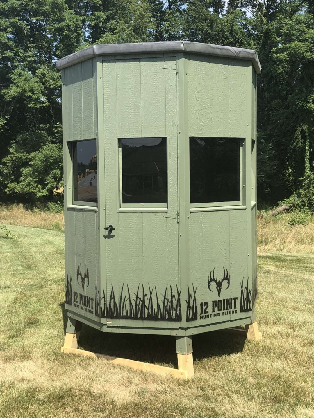 Octagonal green hunting blind with large windows and a rustic design, featuring the brand name "12 Point" on the side, positioned on grass with trees in the background. Ideal for outdoor hunting enthusiasts seeking durable and camouflaged shelter.