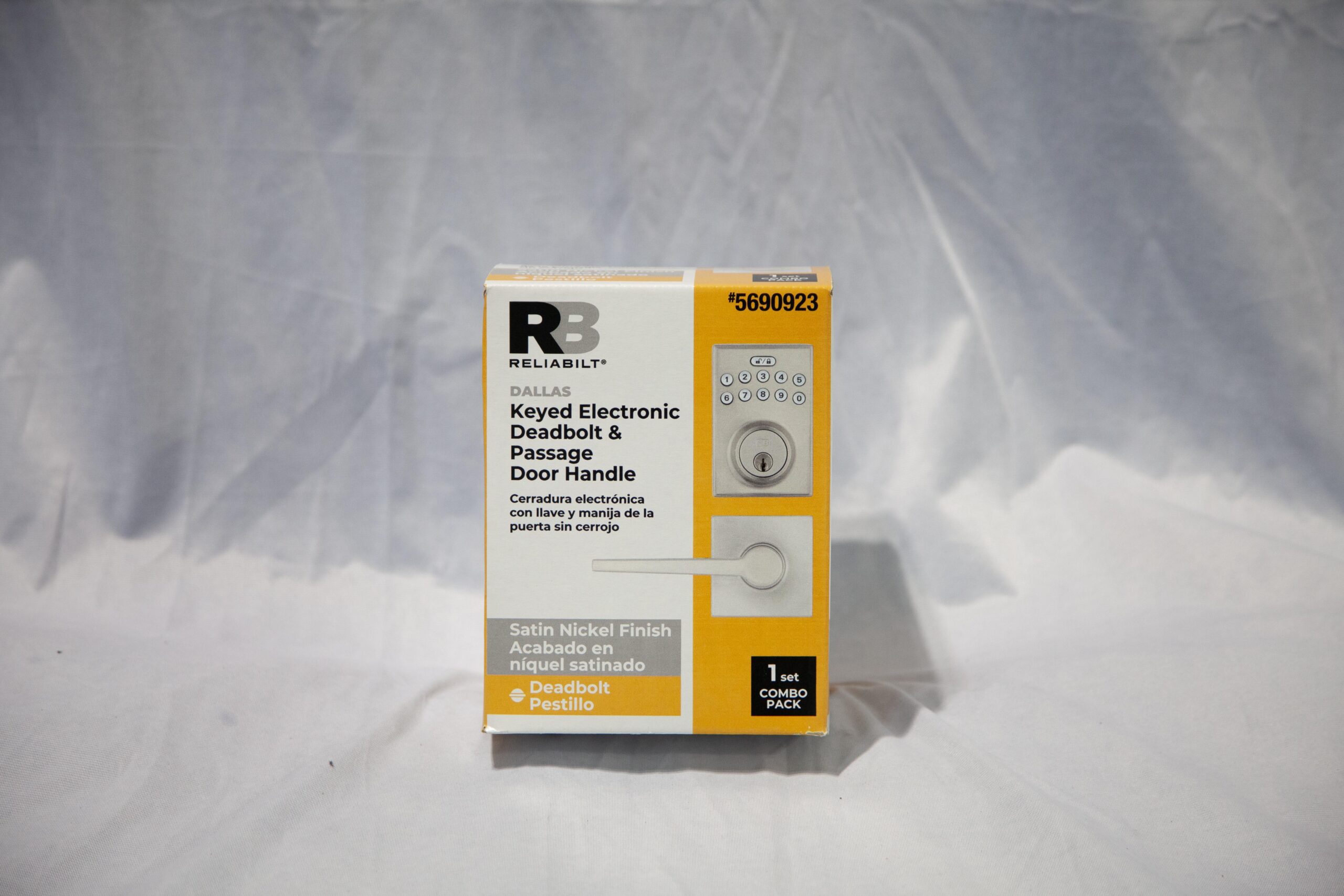 Keyed electronic deadbolt and passage door handle combo pack by Reliabilt, featuring a satin nickel finish, suitable for enhanced home security. Model number 5690923. Ideal for residential use.