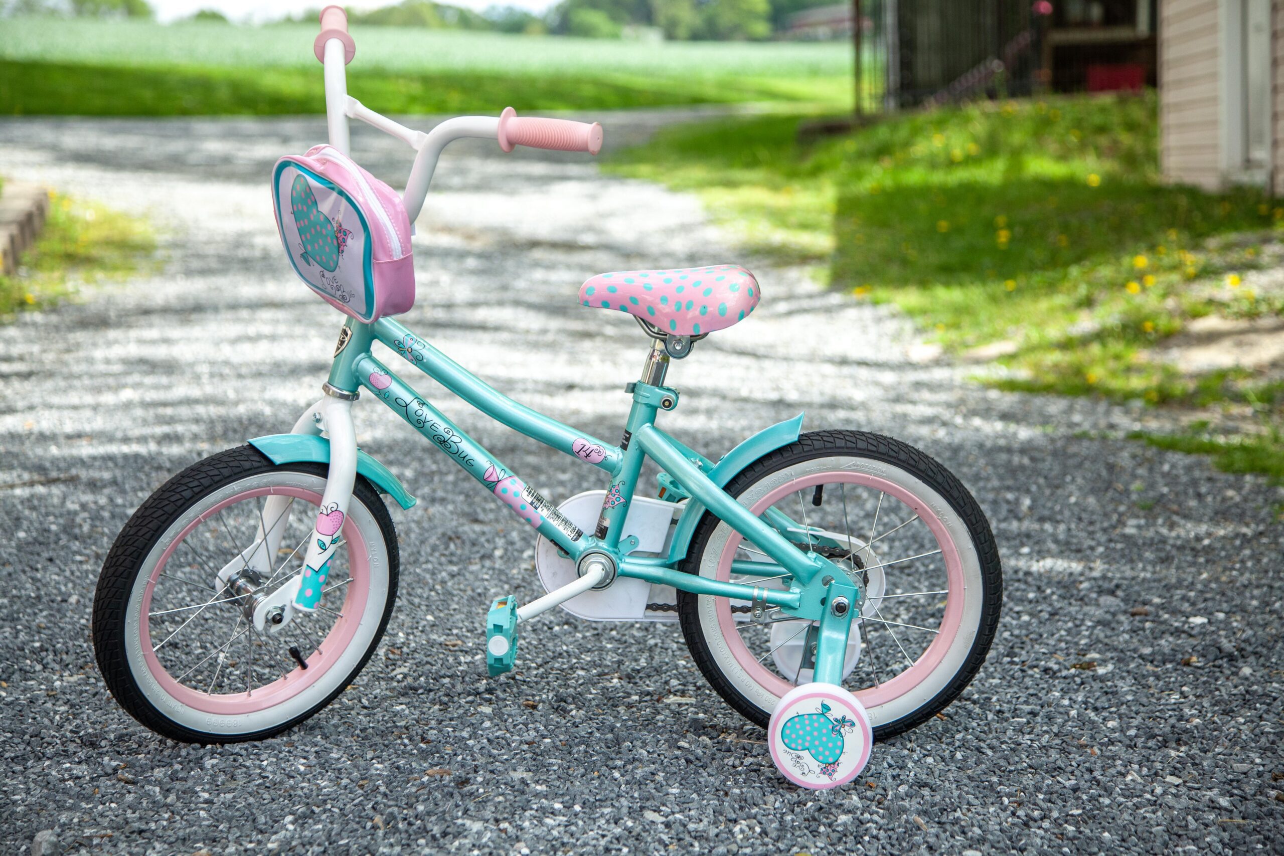 Children's colorful girl's bike with training wheels, featuring a pink and teal design, polka dot seat, and decorative graphics, parked on a gravel path with greenery in the background.