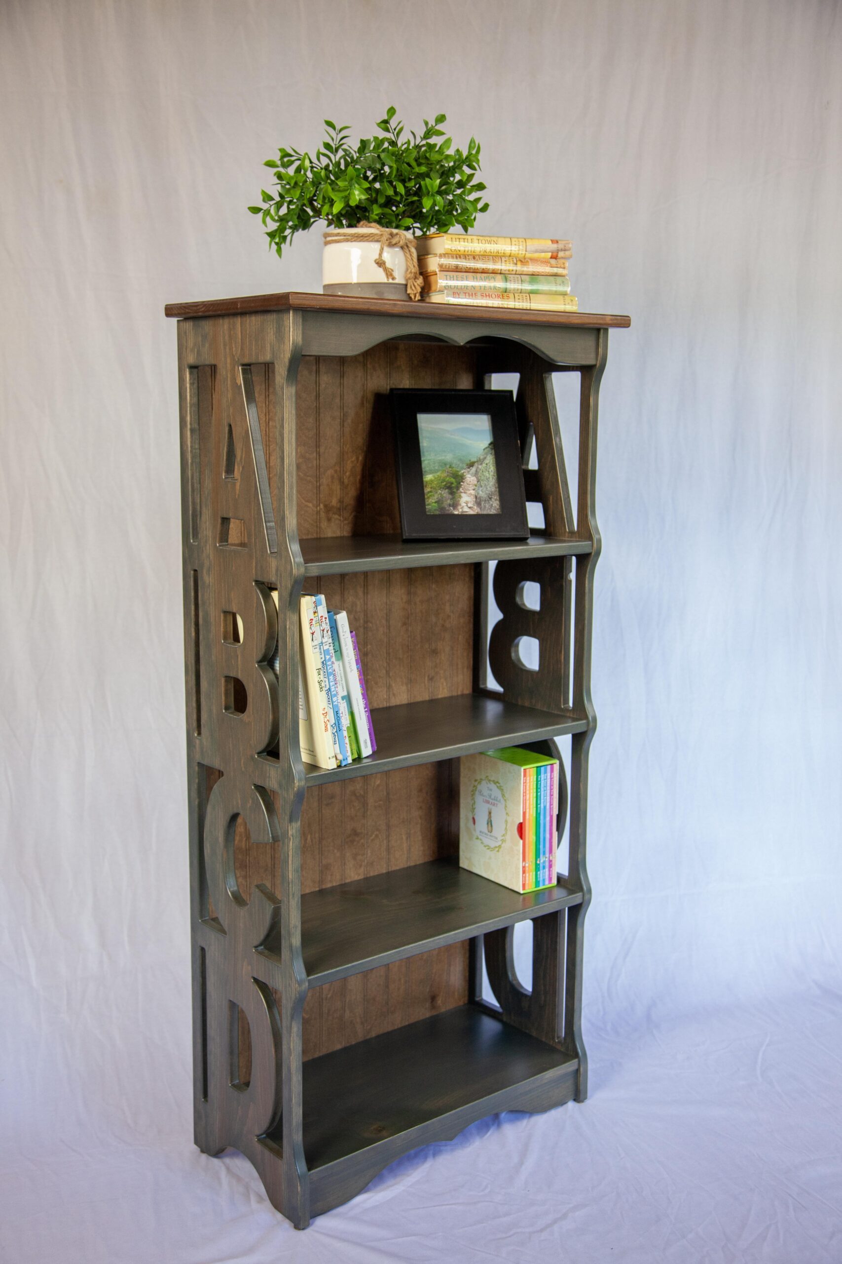 Rustic wooden bookshelf with alphabet cutouts, filled with colorful books and decorative picture frame, topped with a potted plant, set against a neutral background. Ideal for home decor and organization.