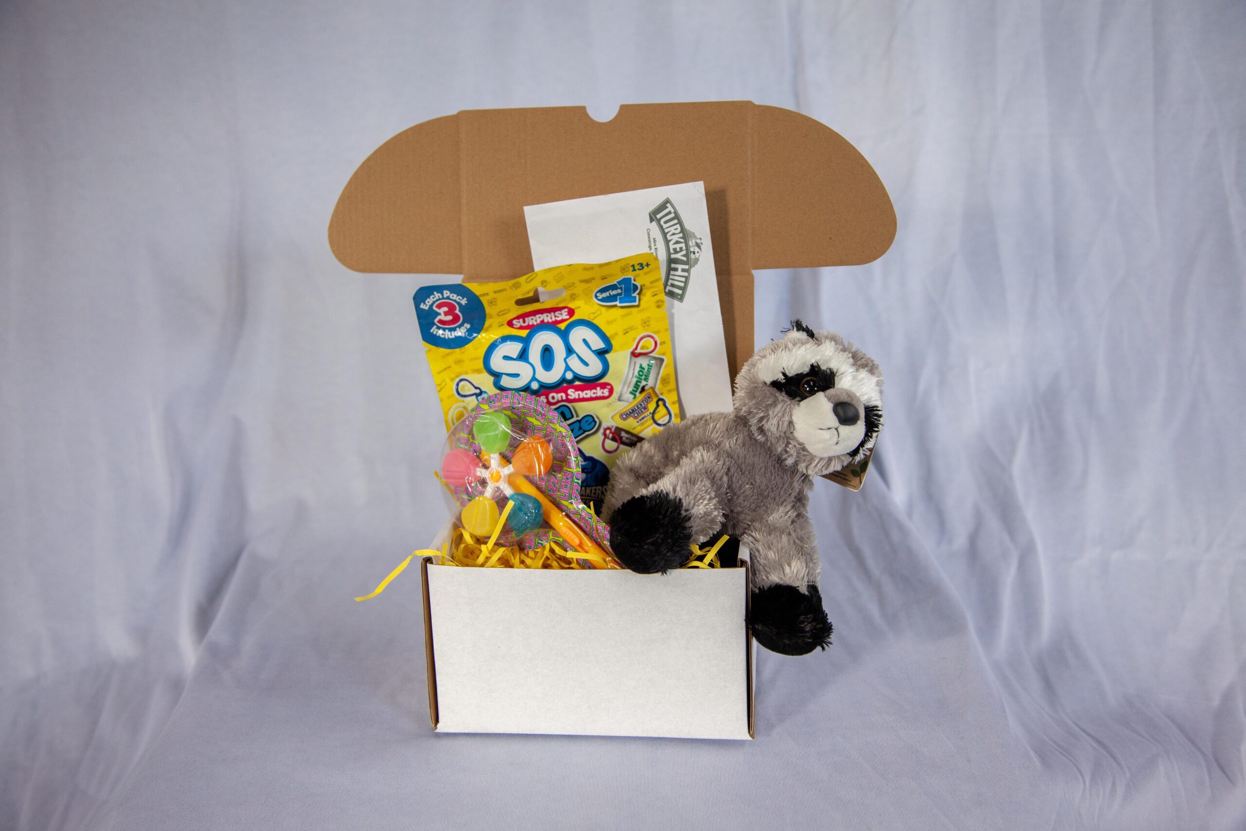 Open gift box filled with a plush raccoon toy, colorful lollipops, and a pack of SOS snacks. Ideal for children as a fun surprise gift.