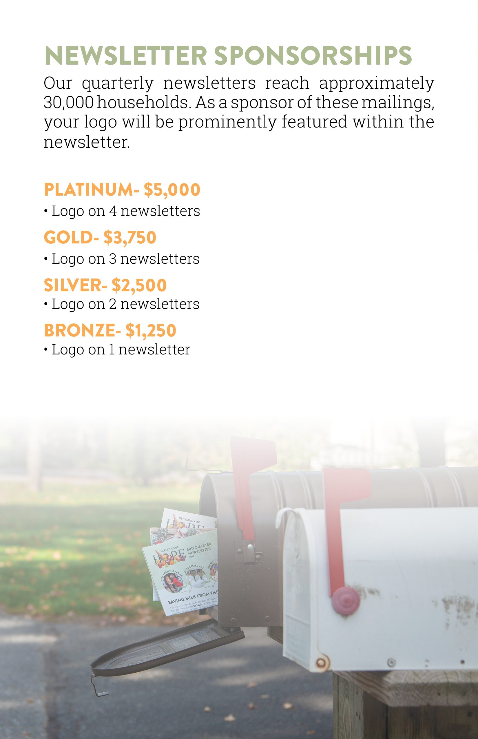 Image illustrating a mailbox with newsletters peeking out, promoting sponsorship opportunities for a quarterly newsletter reaching 30,000 households. The sponsorship tiers include Platinum, Gold, Silver, and Bronze, with corresponding prices and logo placements detailed for each level.