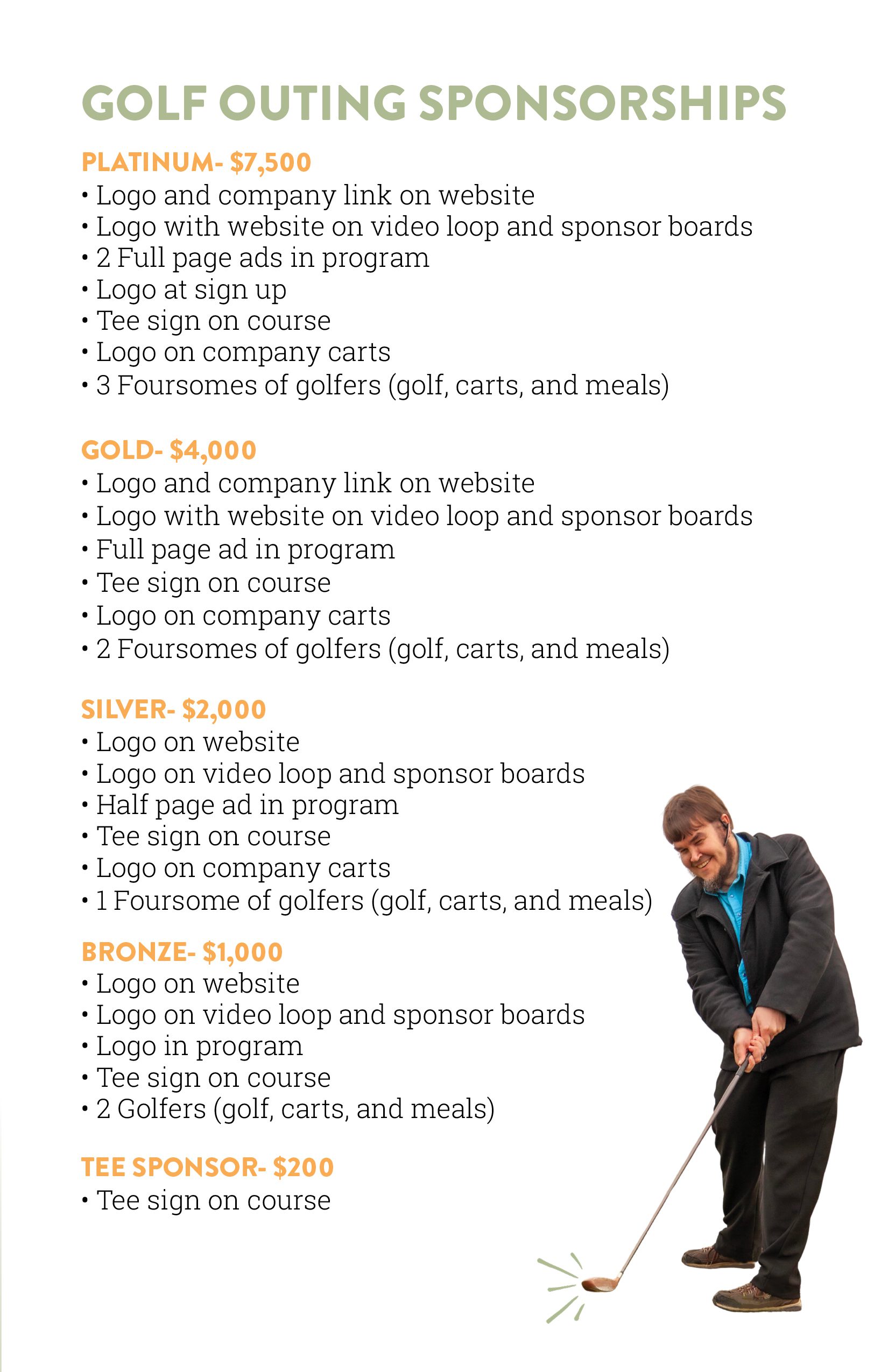 Image showcasing golf outing sponsorship levels and benefits, including Platinum, Gold, Silver, Bronze, and Tee Sponsor options, with details on logo placements, program ads, and number of golfers included for each sponsorship tier.