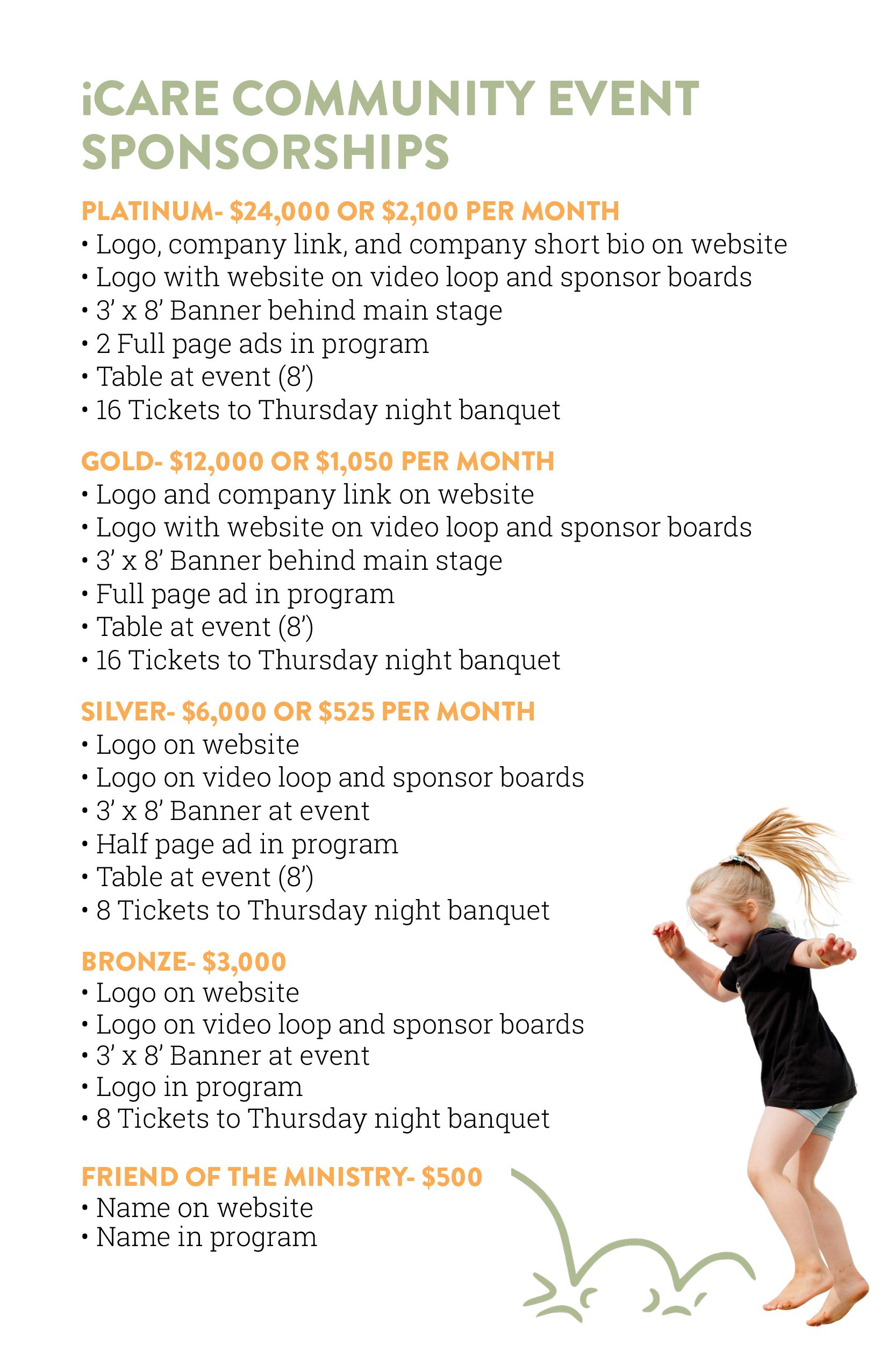 Infographic detailing iCARE Community Event Sponsorship options and pricing, including Platinum, Gold, Silver, Bronze, and Friend of the Ministry tiers, with benefits such as logo placement, advertisements, event tickets, and promotional opportunities.