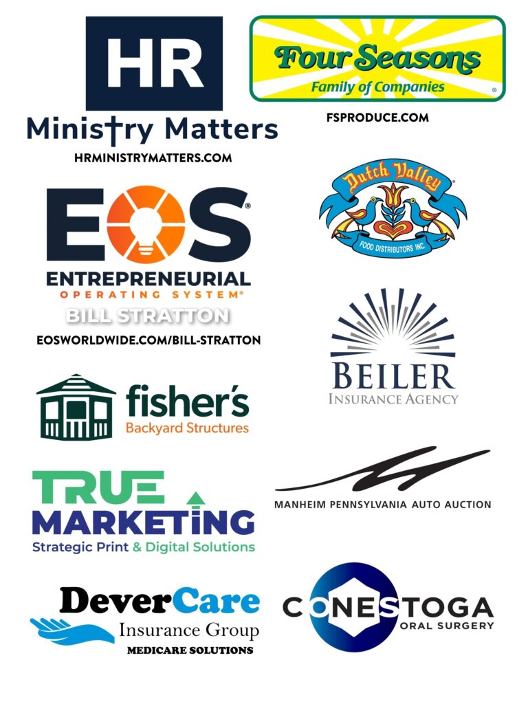 Logos of various companies, including HR Ministry Matters, Four Seasons Family of Companies, EOS, Bill Stratton, Dutch Valley Food Distributors, Fisher's Backyard Structures, True Marketing, Beiler Insurance Agency, Manheim Pennsylvania Auto Auction, DeverCare Insurance Group, and Conestoga Oral Surgery, showcasing diverse business sectors and services.