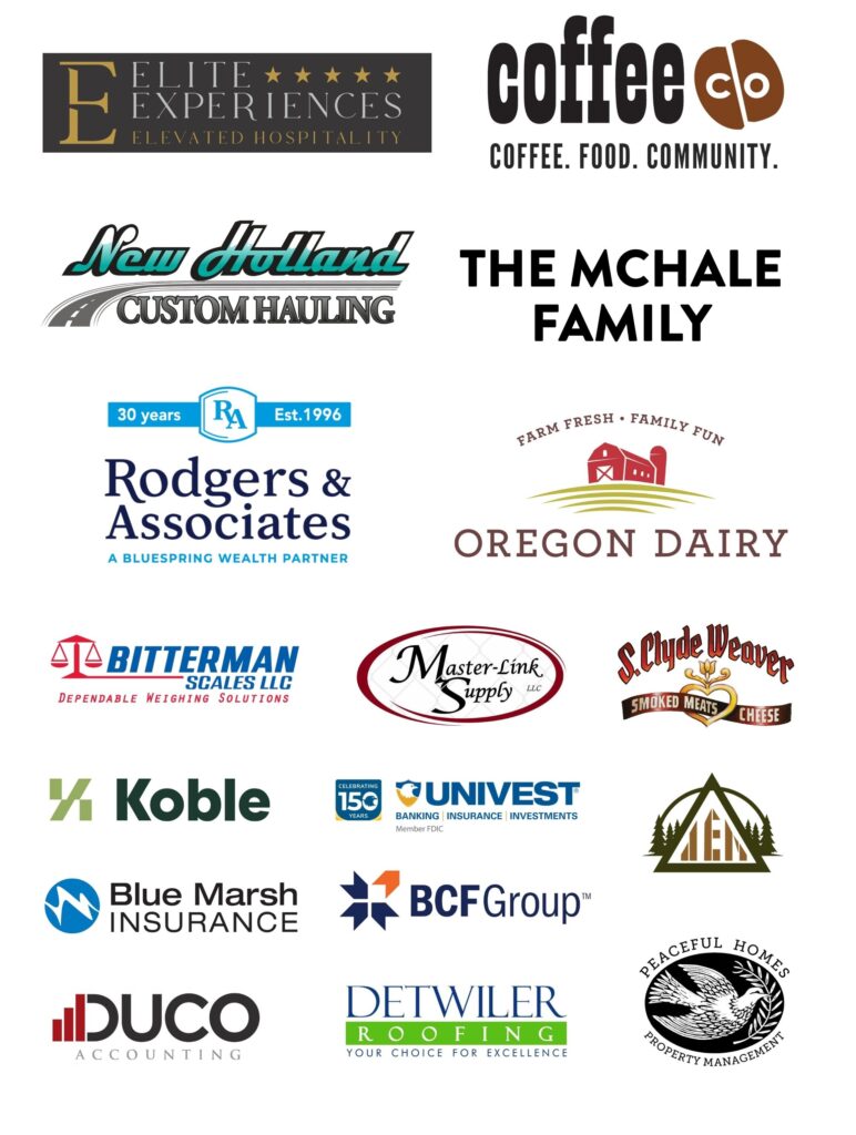 Logos of various businesses and organizations, including Elite Experiences, Coffee Co, New Holland Custom Hauling, Rodgers & Associates, Oregon Dairy, and more, showcasing community partnerships and sponsorships.