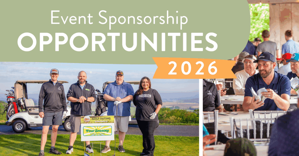 Image showcasing event sponsorship opportunities for 2026, featuring a golf outing with participants posing by a golf cart and a sign, alongside an indoor gathering of attendees discussing event materials.