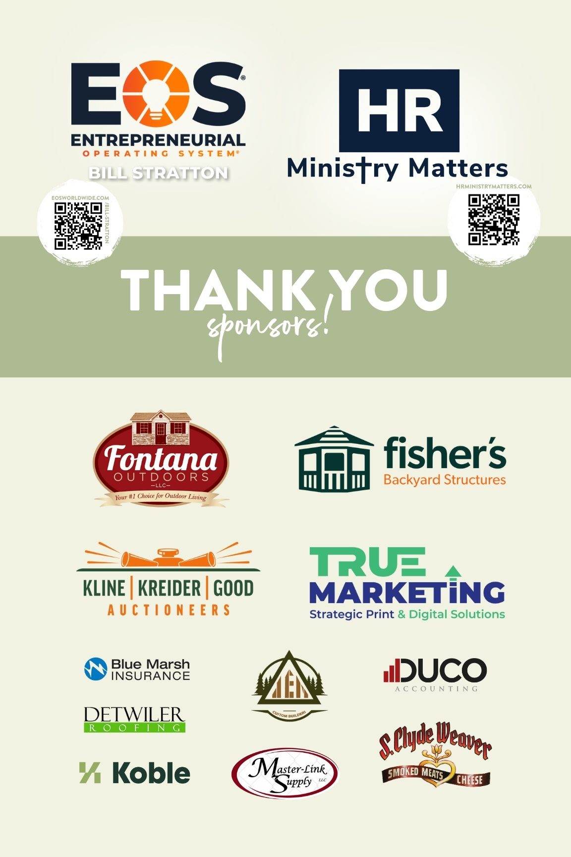 Graphic displaying thank you message to sponsors for an event, featuring logos of participating companies such as EOS, Ministry Matters, Fontana Outdoors, Fisher's Backyard Structures, and True Marketing, among others.