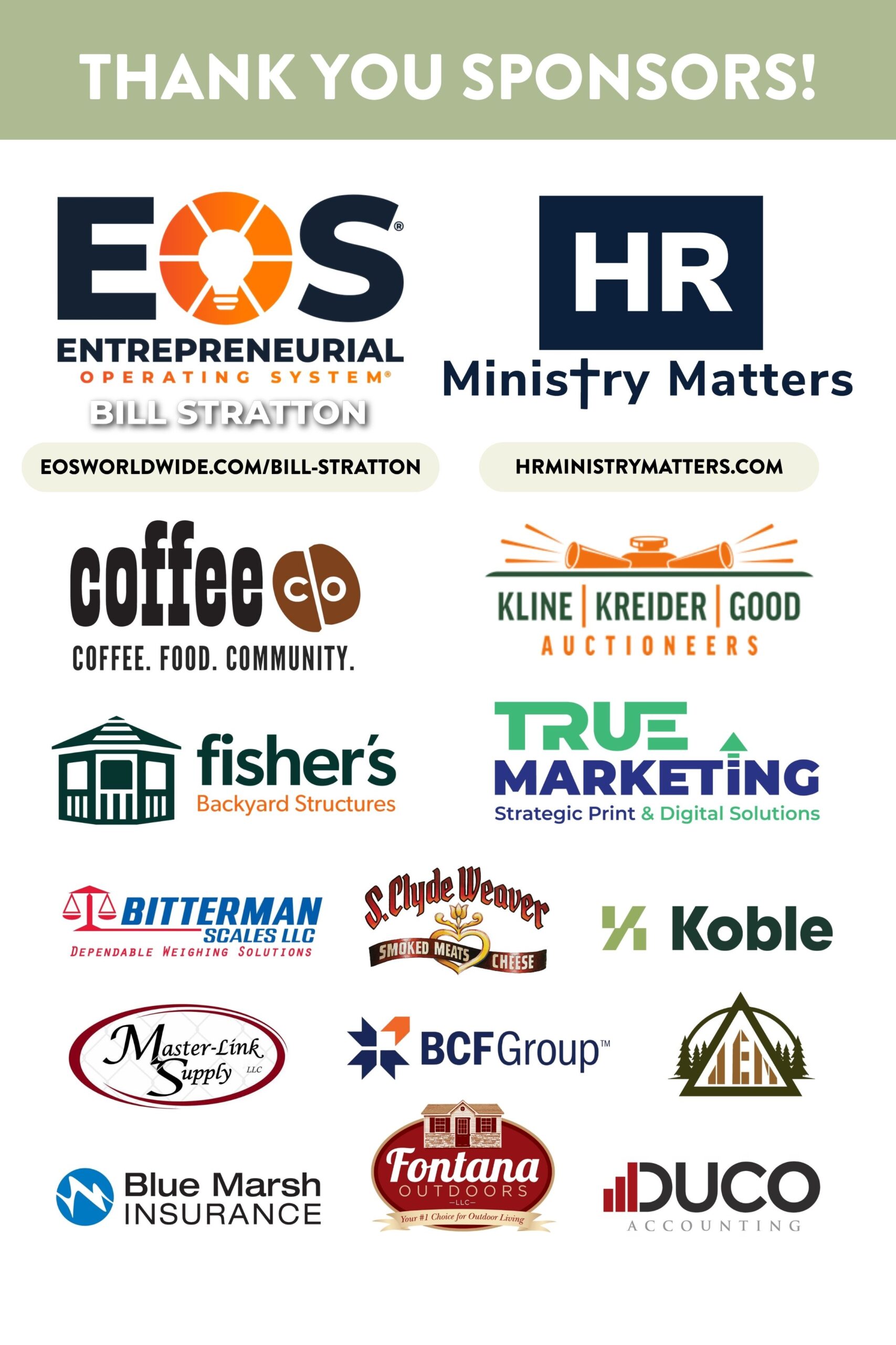 Image displaying a collage of logos from various sponsors, including EOS, HR Ministry Matters, Coffee Co, Kline Kreider Good Auctioneers, Fisher's Backyard Structures, True Marketing, and more. The text "Thank You Sponsors!" is prominently featured at the top, highlighting community support and sponsorship recognition.