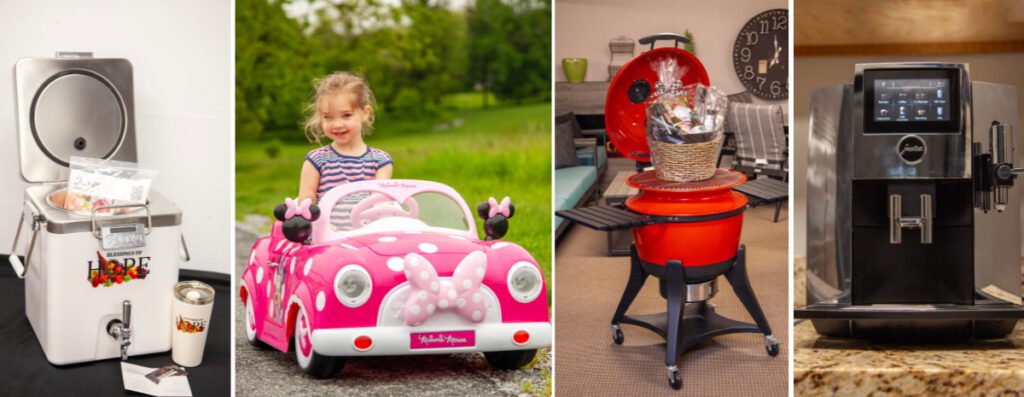 A collection of diverse items including a stainless steel food warmer labeled "Blessings of Hope," a young girl playing in a pink toy car, a red grill with a basket of goodies, and a sleek coffee machine on a countertop, showcasing a mix of fun and practical products for families and gatherings.