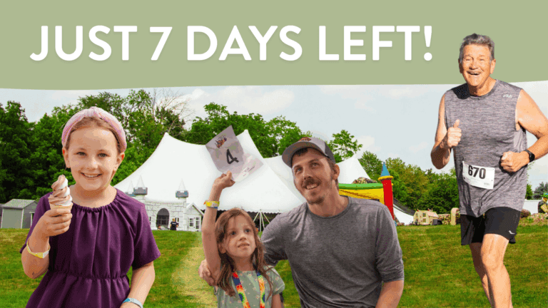 Image of the iCare Community event with a young girl holding ice cream, a man with a child displaying a number, and an older man running. The backdrop features a large tent and colorful play structures, promoting an upcoming event with a countdown of just seven days left.