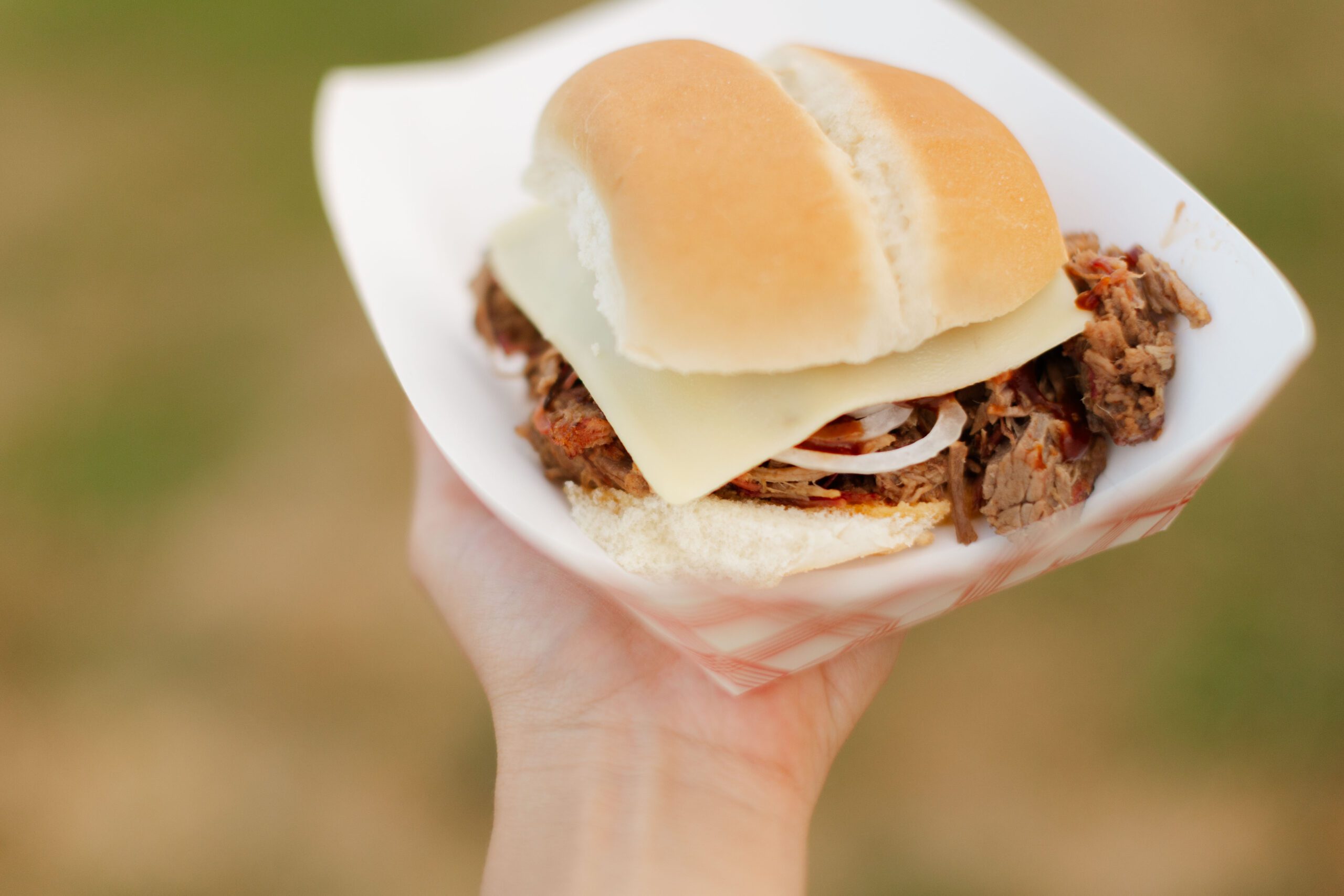 Hand holding a sandwich featuring tender beef, melted cheese, and onions, served on a soft bun, perfect for outdoor dining or barbecues.