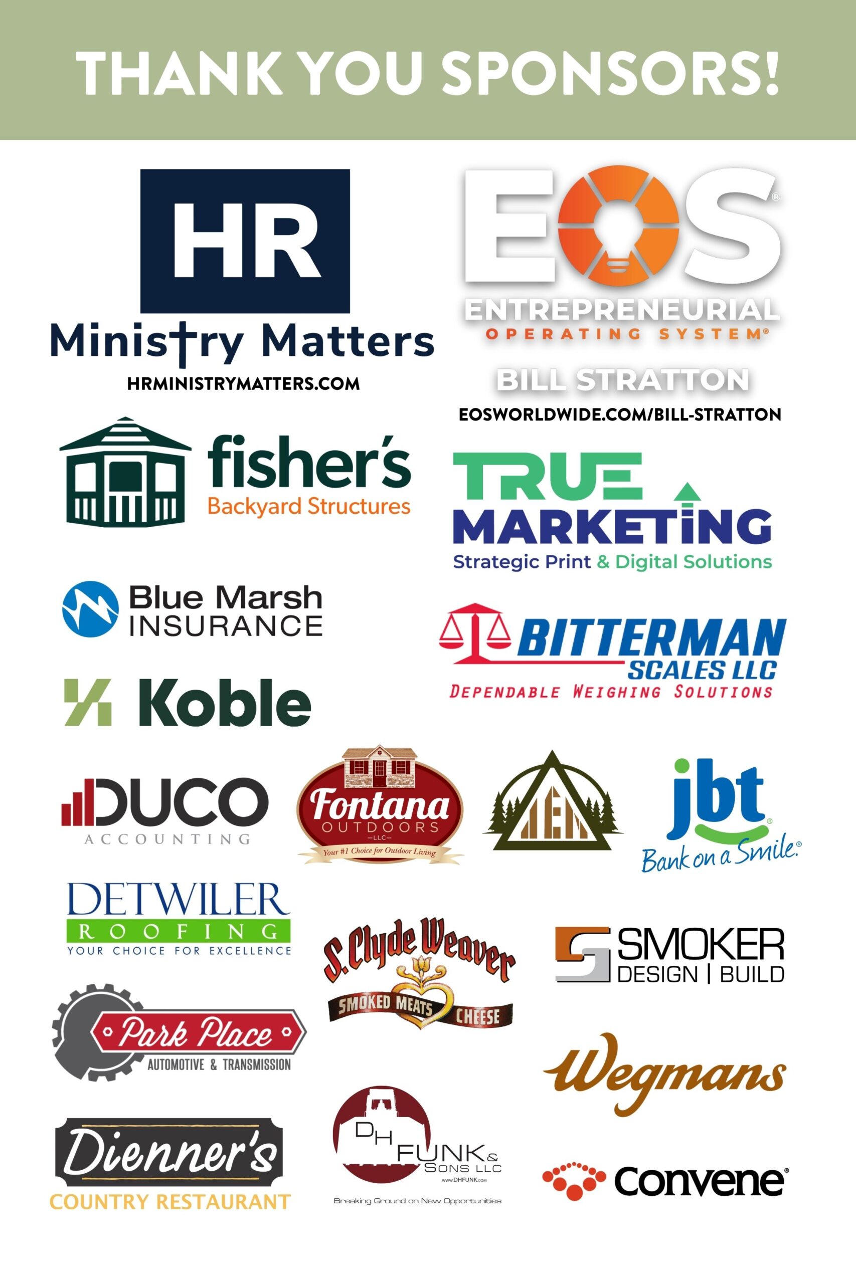 Image featuring a thank you message to sponsors, displaying logos of various companies including HR Ministry Matters, EOS, Fisher's Backyard Structures, True Marketing, Blue Marsh Insurance, and others, highlighting their support for an event.