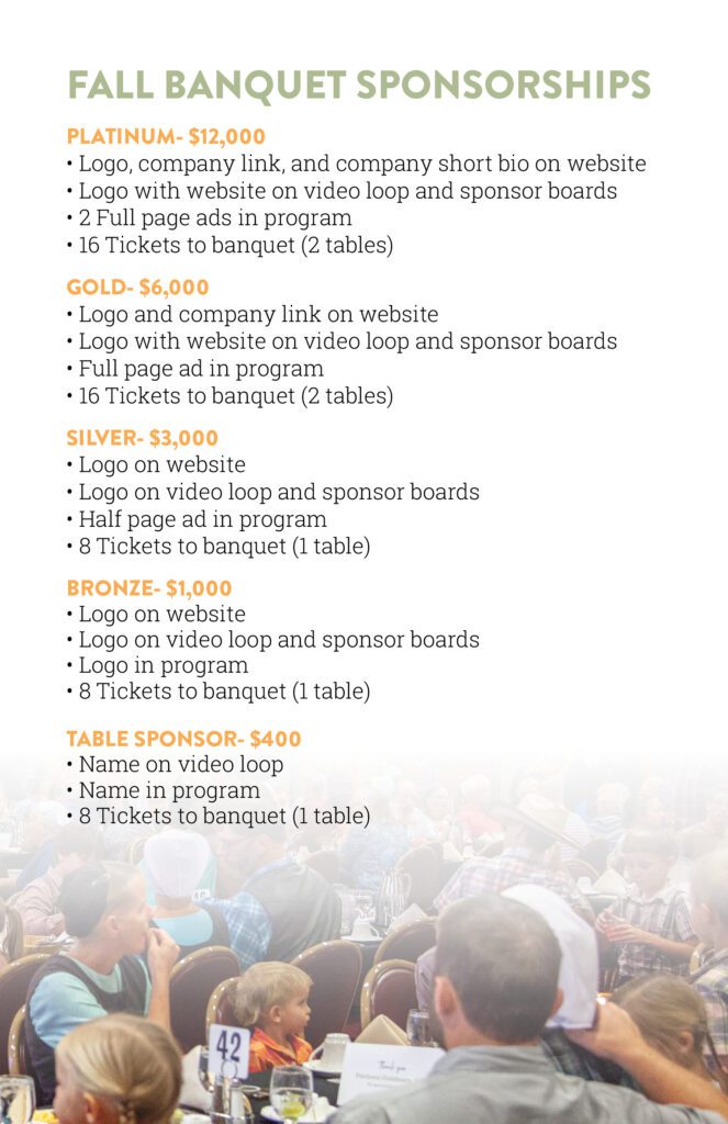 Alt text: Overview of fall banquet sponsorship levels, including details on benefits and pricing for Platinum, Gold, Silver, Bronze, and Table Sponsor options, with a background image of attendees at a banquet.