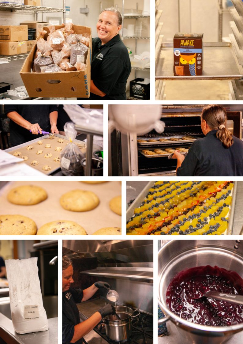 Behind-the-scenes bakery scene showcasing a smiling female baker holding a box of baked goods, preparing cookie dough, placing trays in the oven, and cooking fruit toppings in a professional kitchen. The image captures various stages of baking, including cookie preparation, baked cookies cooling, and ingredients like flour and fruit sauces.