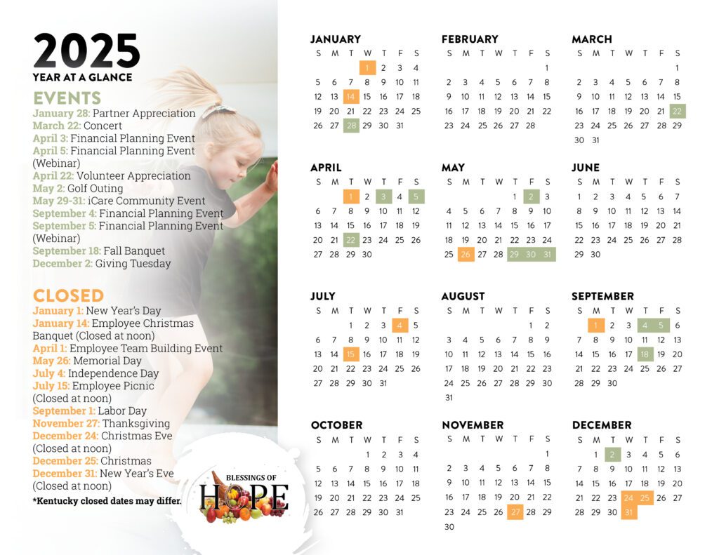 2025 calendar overview featuring monthly events and closures, including Partner Appreciation, Financial Planning Events, and holidays like New Year's Day and Christmas.