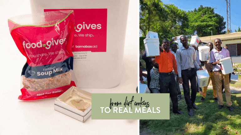 Image of food.gives packaging featuring fortified soup mix alongside a group of smiling individuals holding containers, symbolizing the transition from inadequate nutrition to healthy meals. The image highlights the initiative's impact on food security and community support.