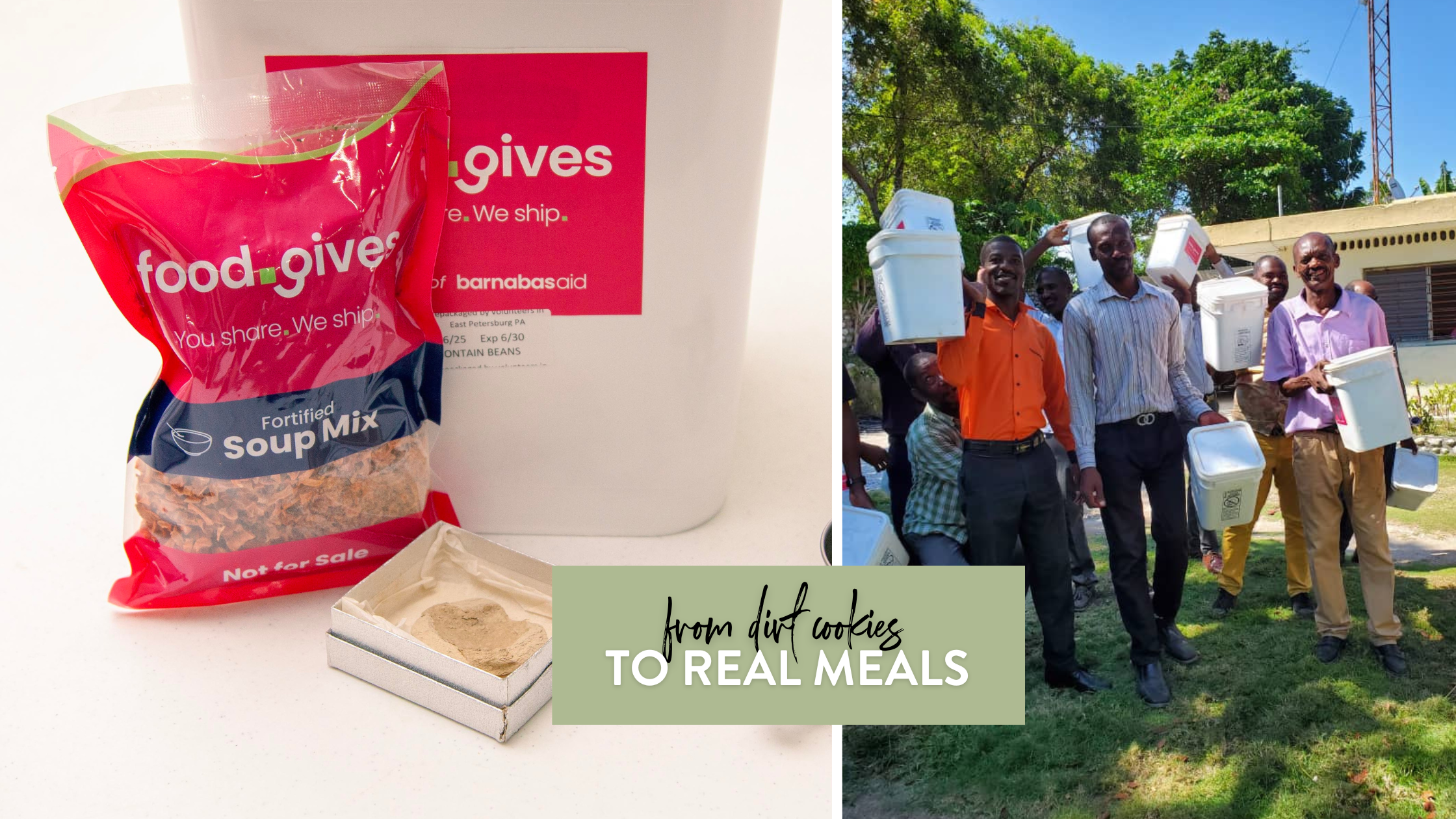 Image of food.gives packaging featuring fortified soup mix alongside a group of smiling individuals holding containers, symbolizing the transition from inadequate nutrition to healthy meals. The image highlights the initiative's impact on food security and community support.