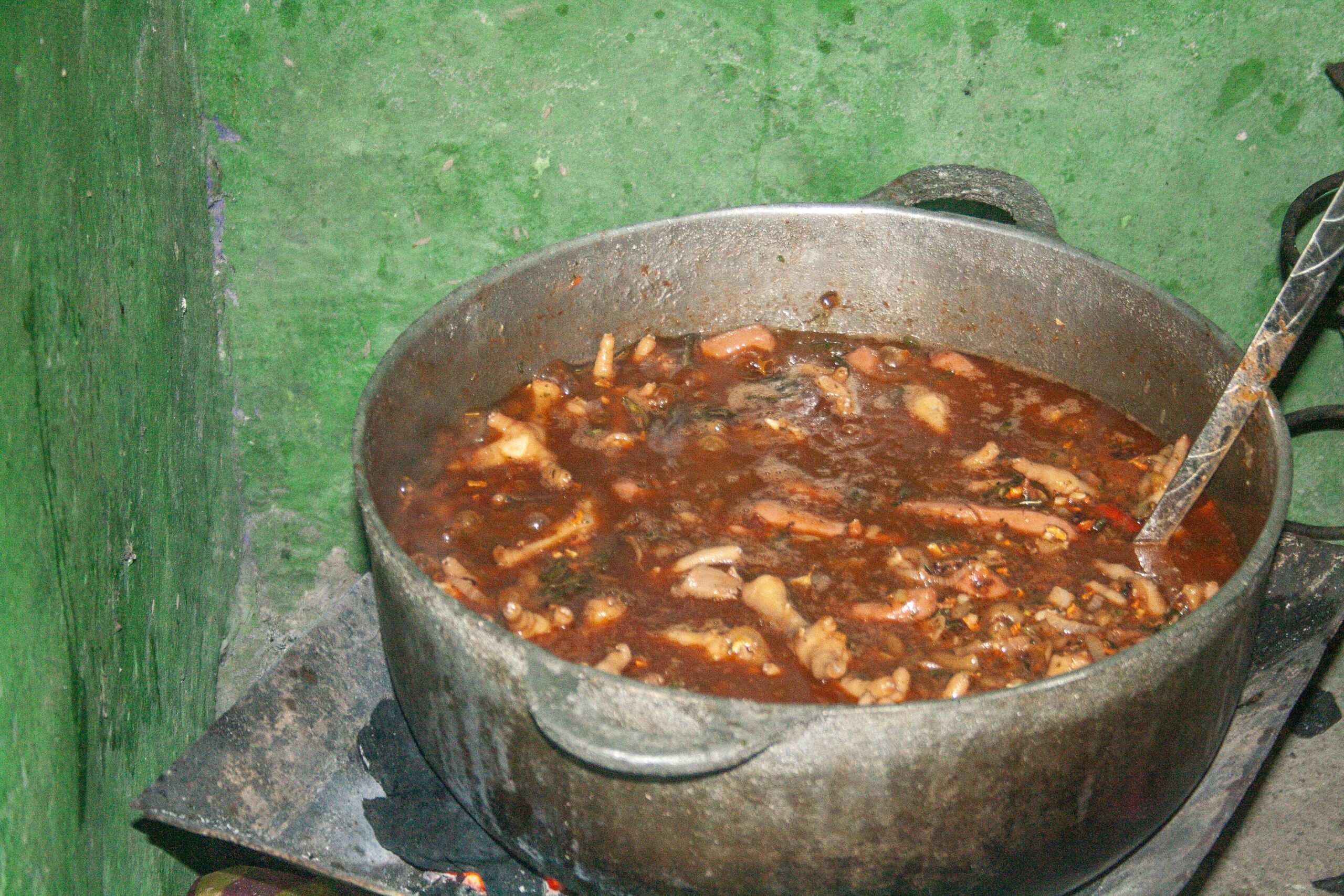 A large pot of simmering stew filled with various ingredients, including meat and spices, cooking on a stove in a rustic kitchen with green walls.