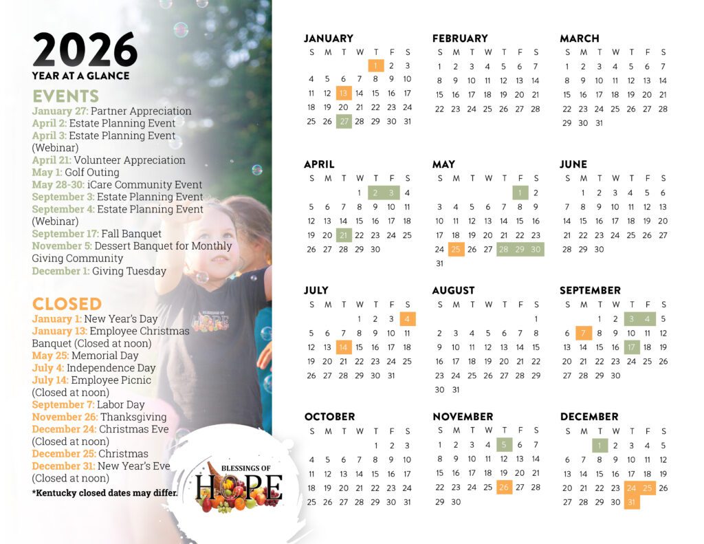 Alt text: Calendar for the year 2026 featuring a month-by-month overview of events and holidays, including Partner Appreciation, Estate Planning Events, and a Golf Outing, along with designated closed dates for holidays such as New Year's Day, Independence Day, and Christmas.