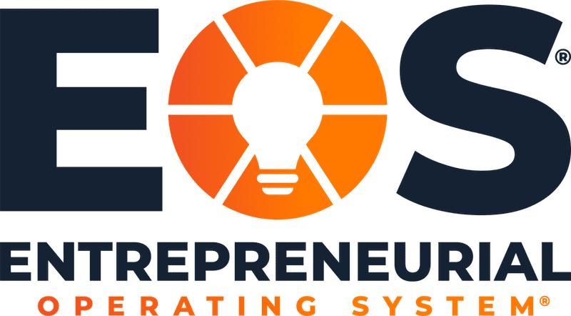 Logo of the Entrepreneurial Operating System (EOS) featuring the acronym "EOS" in bold letters, accompanied by a graphic of a lightbulb inside a circular design, symbolizing innovation and business management.