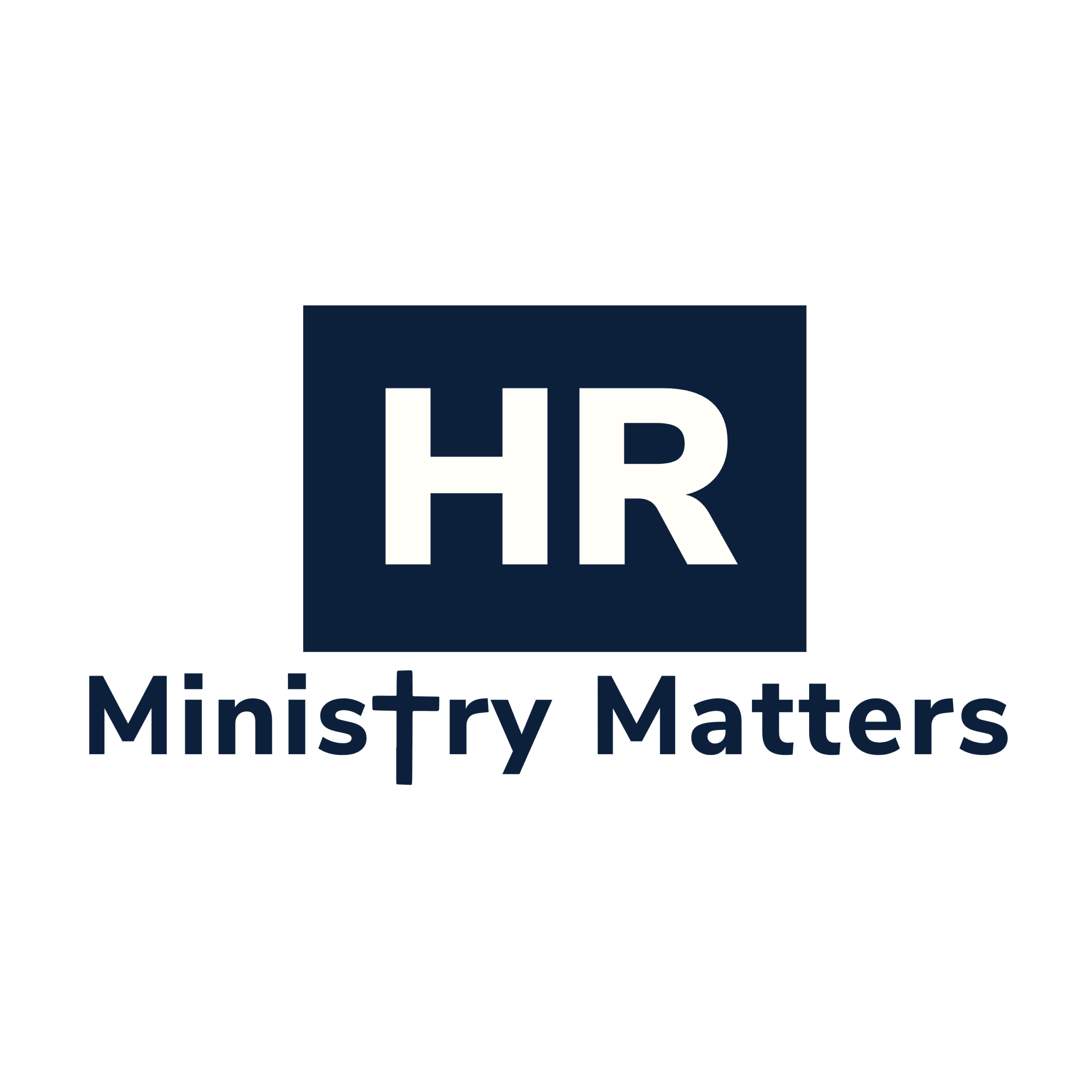 Logo of HR Ministry Matters, featuring the letters "HR" in bold white font against a dark blue background, with "Ministry Matters" in a modern font below, highlighting resources for human resources in ministry settings.
