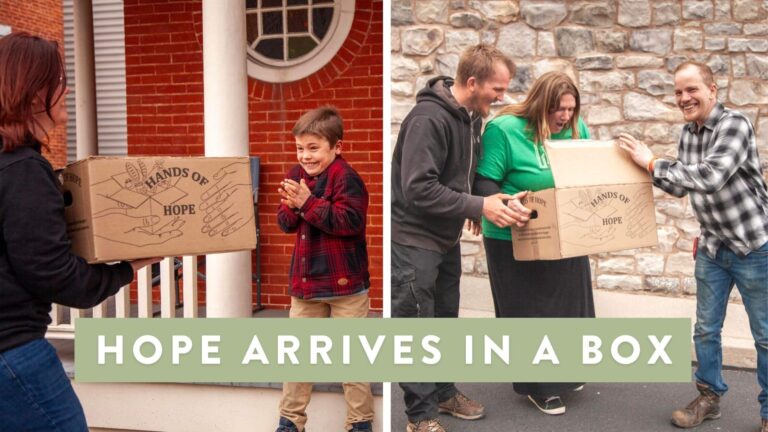 A heartwarming scene showing a child excitedly receiving a "Hands of Hope" box from a woman on the left, while on the right, a group of four adults joyfully work together to carry another "Hands of Hope" box, highlighting community support and generosity.