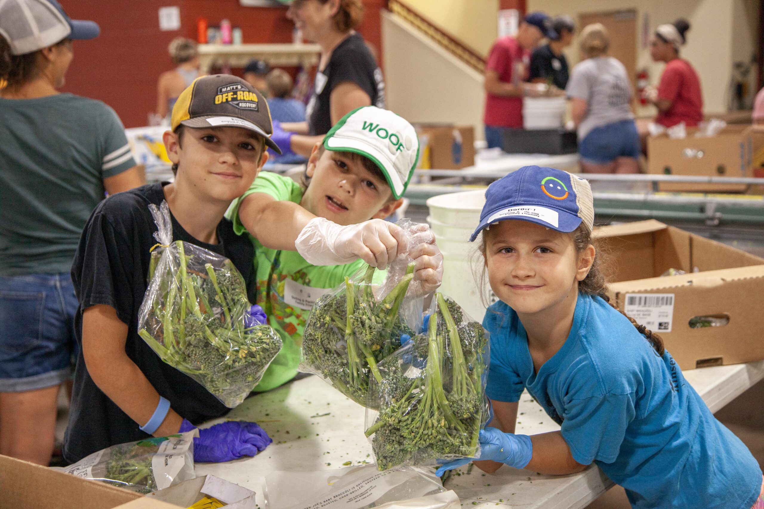Children participating in a community food distribution event, happily packaging fresh broccoli into bags at a table, showcasing teamwork and engagement in local volunteer efforts.