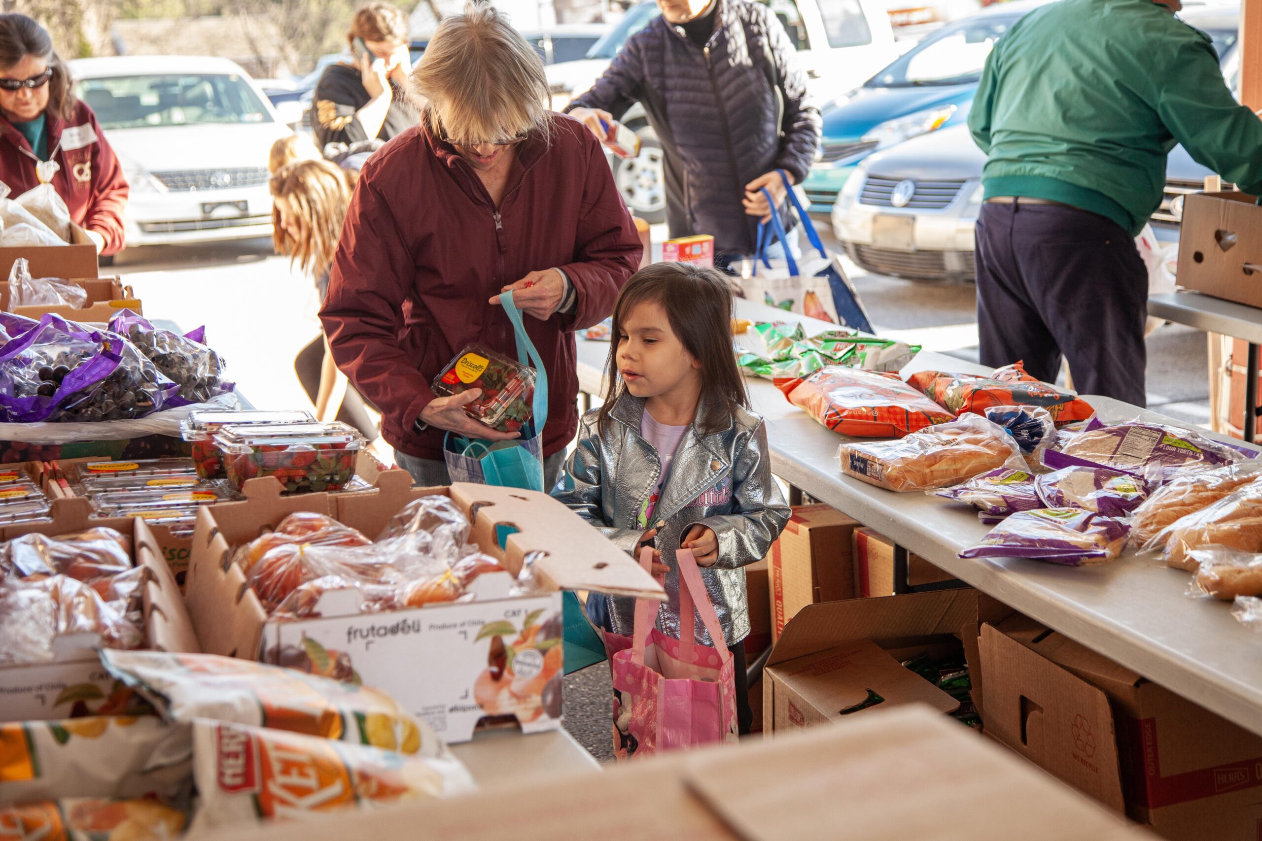A woman and a young girl select groceries at a community food distribution event, surrounded by boxes of fruits, vegetables, and snacks, highlighting the importance of food security and community support.