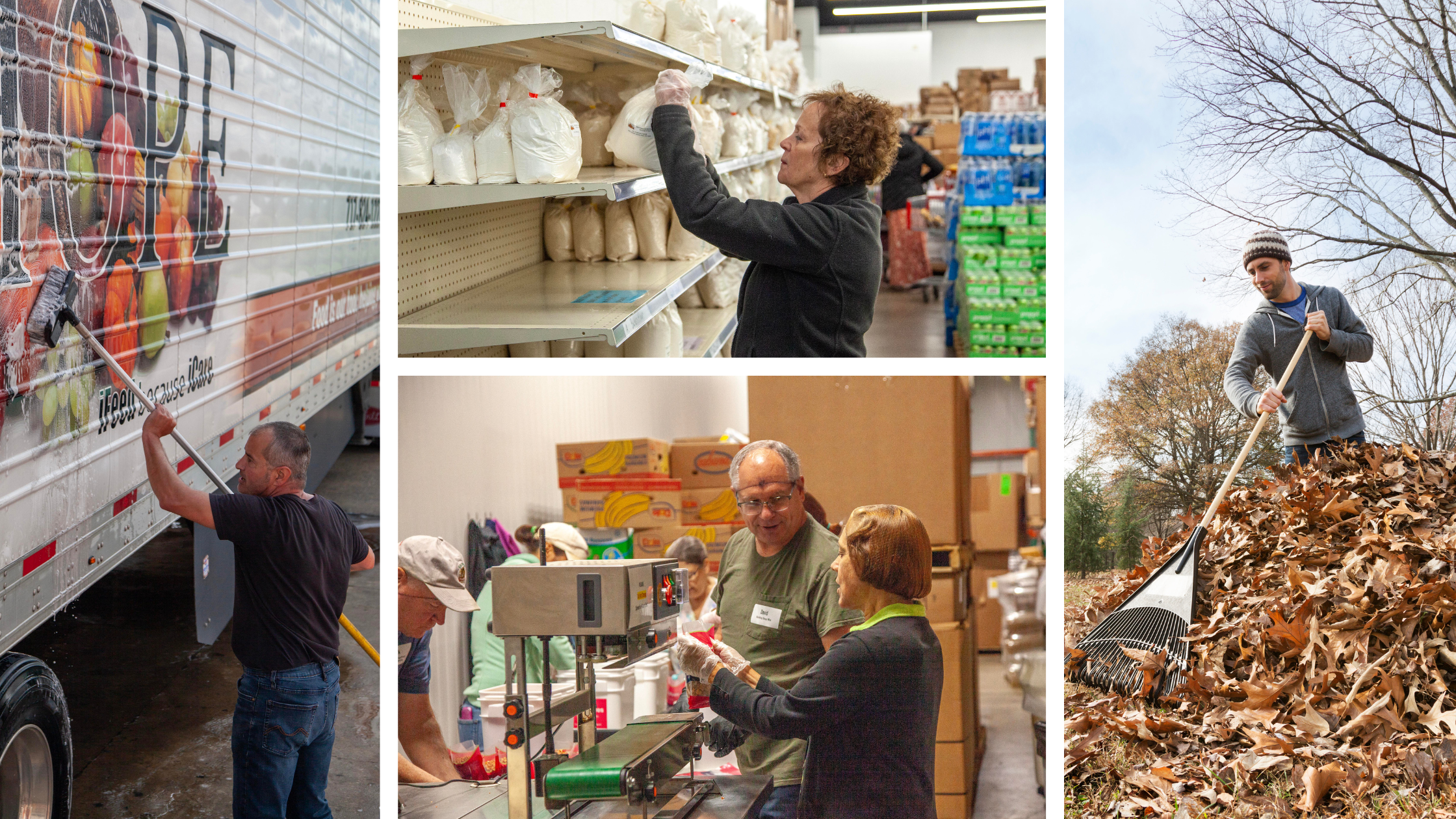 Volunteers participating in community service activities, including washing a food truck, organizing food supplies, packaging items in a warehouse, and raking leaves in a park. These efforts highlight the importance of community engagement and support for local food initiatives.