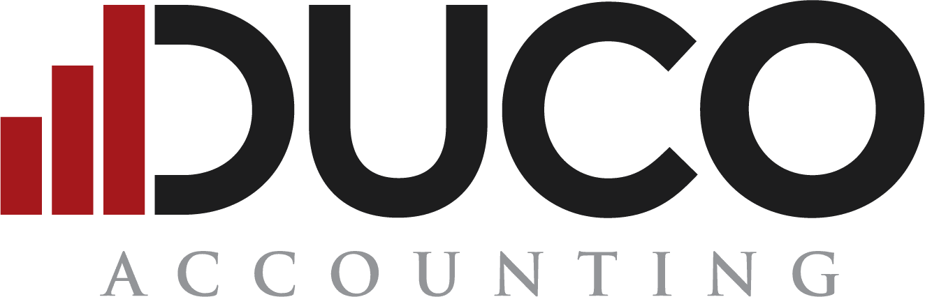 Logo of DUCO Accounting, featuring a modern design with red and black colors, symbolizing financial growth and professionalism in accounting services.