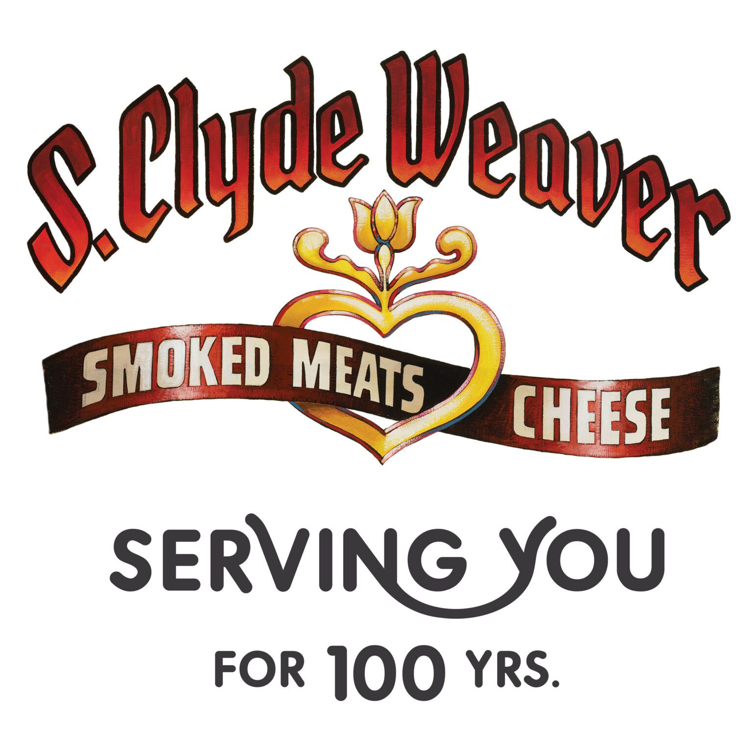 Logo of S. Clyde Weaver, featuring the brand name in bold red letters, with a heart design that highlights "Smoked Meats" and "Cheese," and a tagline emphasizing 100 years of service. Ideal for showcasing quality smoked meats and cheese products.