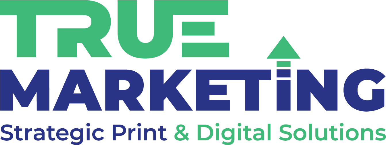 Logo of True Marketing, showcasing strategic print and digital solutions with a modern design featuring green and blue colors.