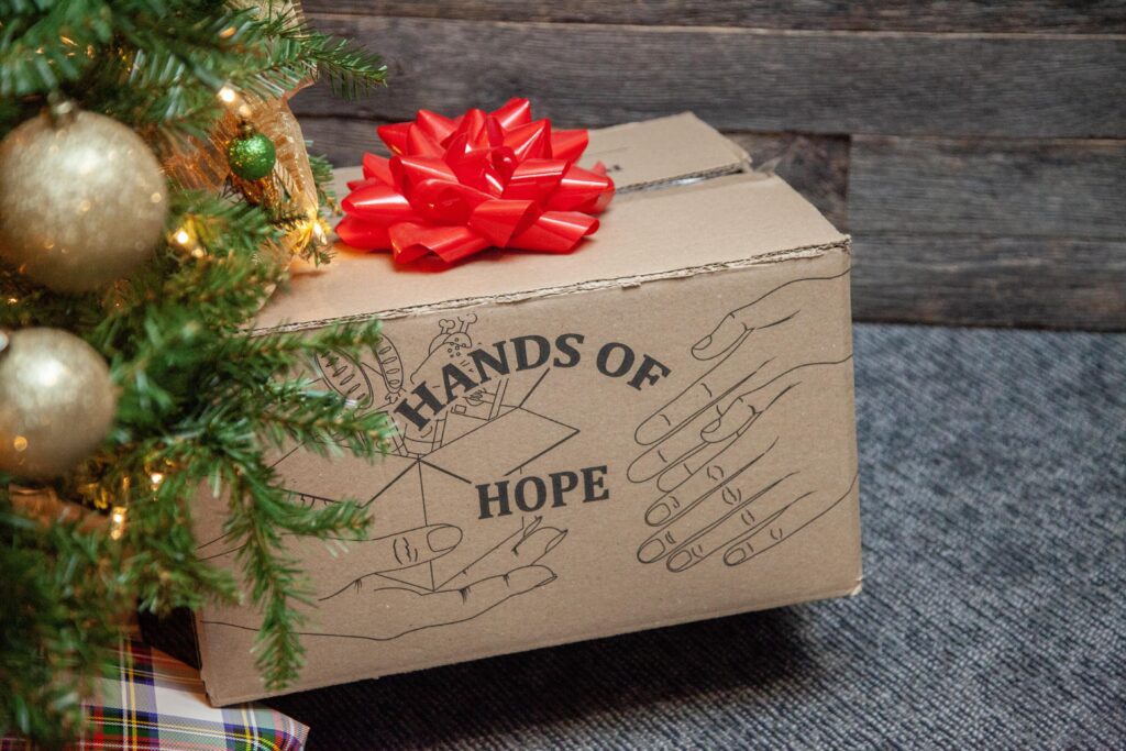 Gift box labeled "Hands of Hope" with a red bow, placed near a Christmas tree adorned with ornaments, symbolizing the spirit of giving during the holiday season.