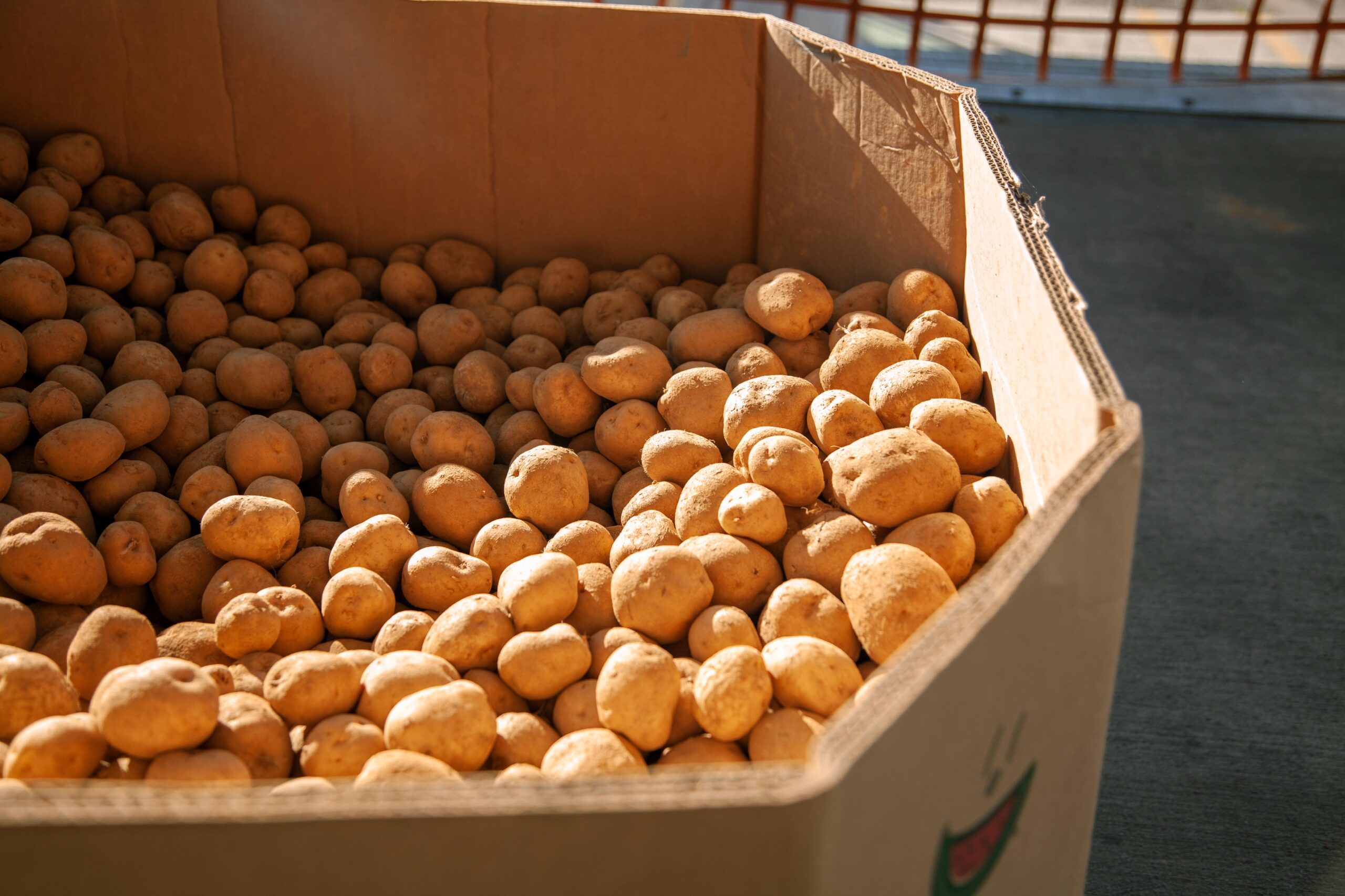 Box filled with fresh, golden-brown potatoes, showcasing their natural texture and earthy color. Ideal for cooking and nutritious meals.
