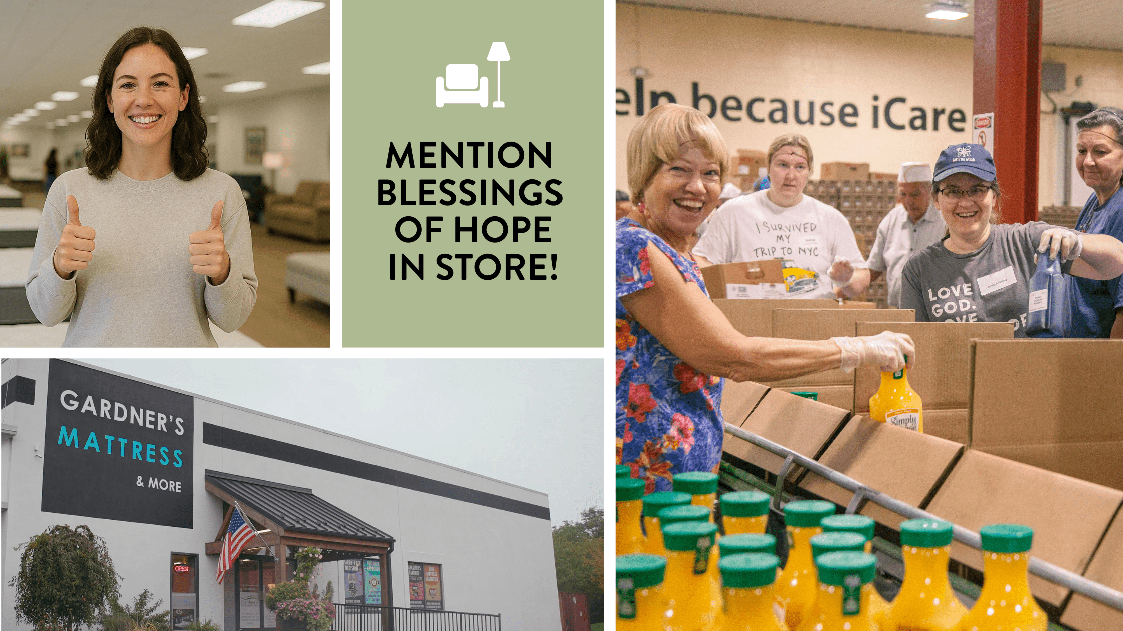 Smiling woman giving thumbs up in a mattress store, promoting community support through the "Blessings of Hope" initiative. The image also features volunteers packing food items at a local charity, highlighting community engagement and outreach efforts. Gardner's Mattress & More storefront is visible, encouraging customers to participate in charitable efforts.