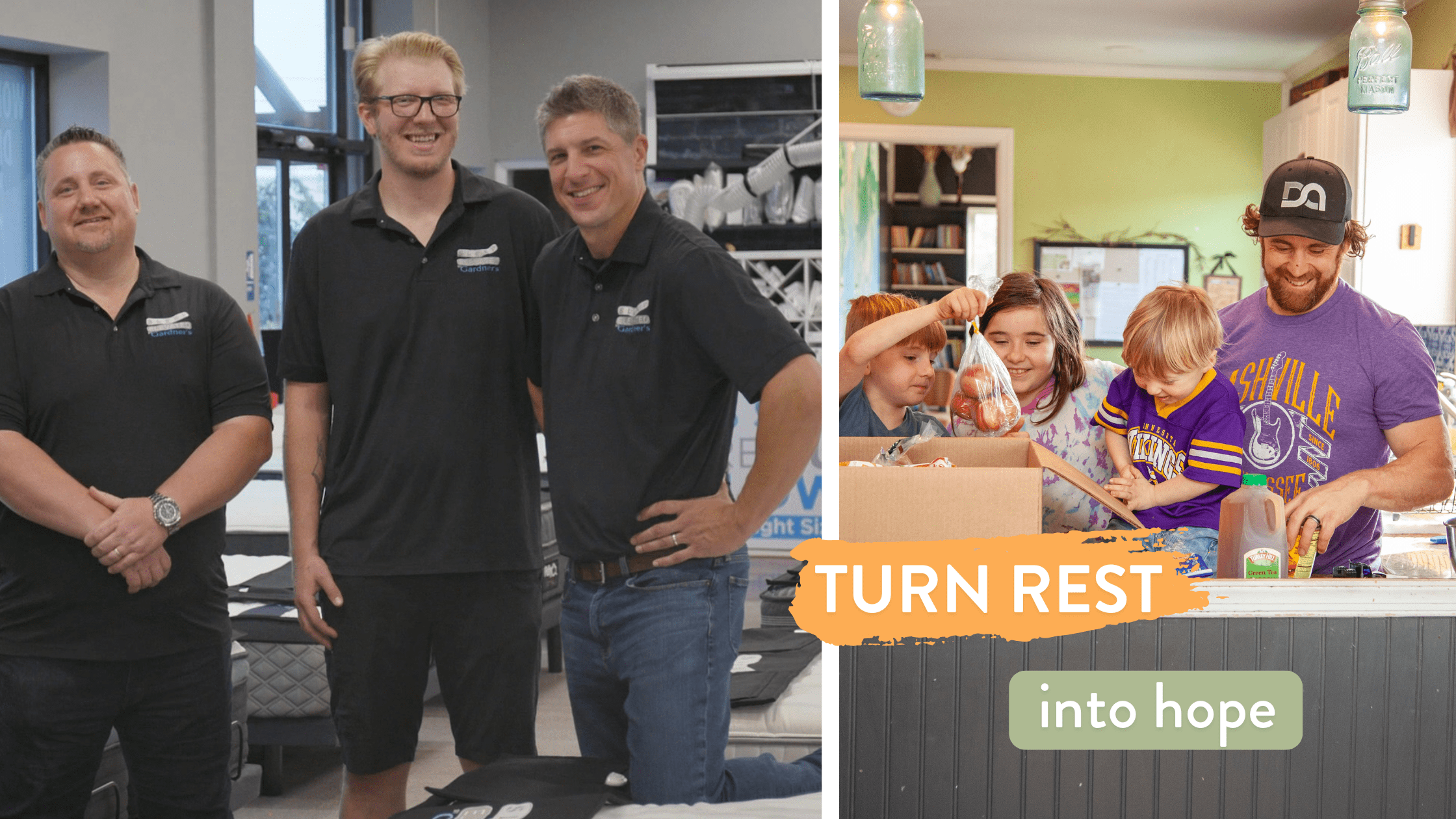 Image showing three men in black polo shirts standing in a mattress showroom, smiling at the camera, alongside a family of four enjoying a community service activity in a kitchen, unpacking a box of food items. The text overlay reads "Turn Rest into Hope," highlighting a community initiative.