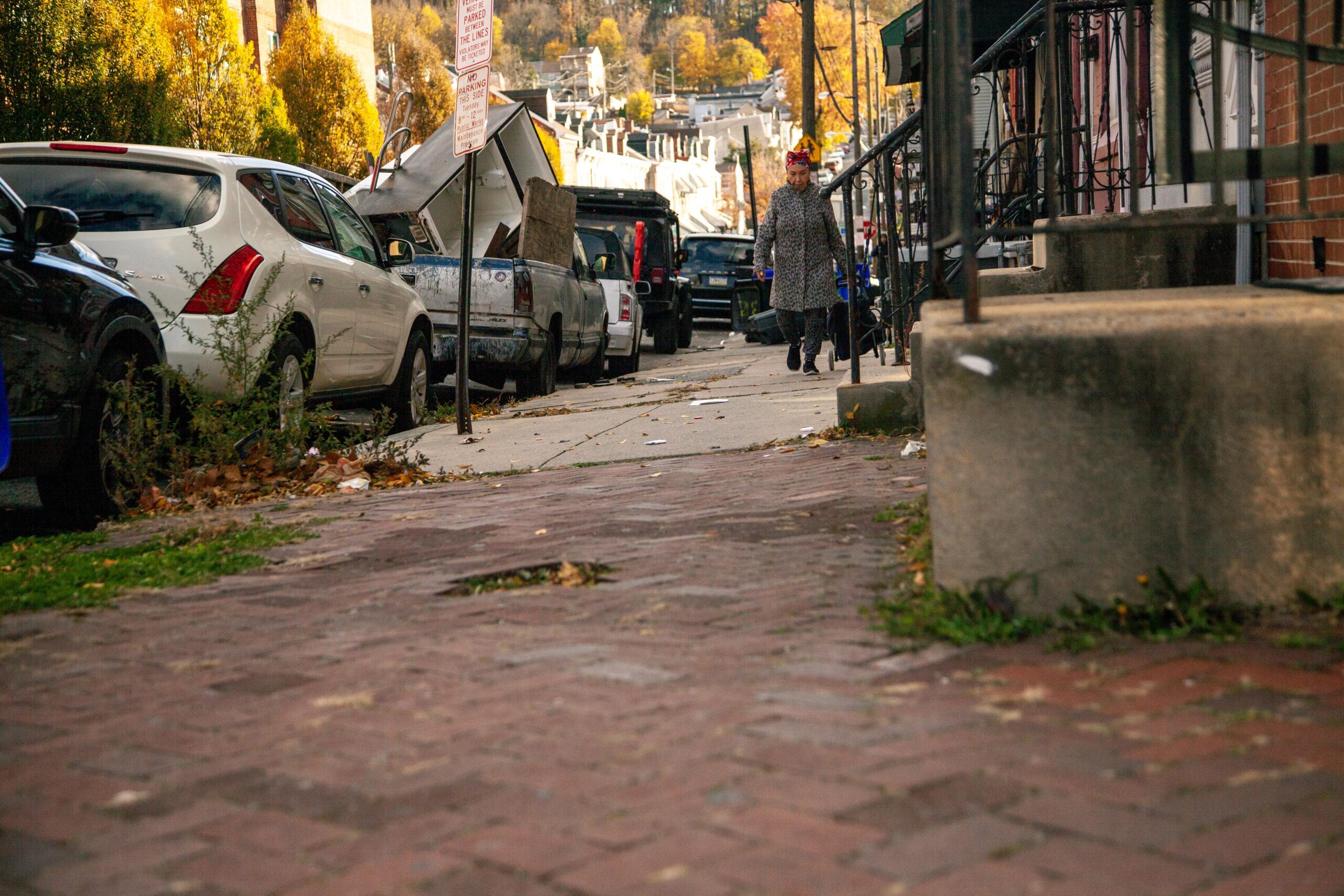 A woman in a patterned coat walks along a brick sidewalk lined with parked cars and autumn foliage, showcasing a residential street scene with scattered leaves and debris.