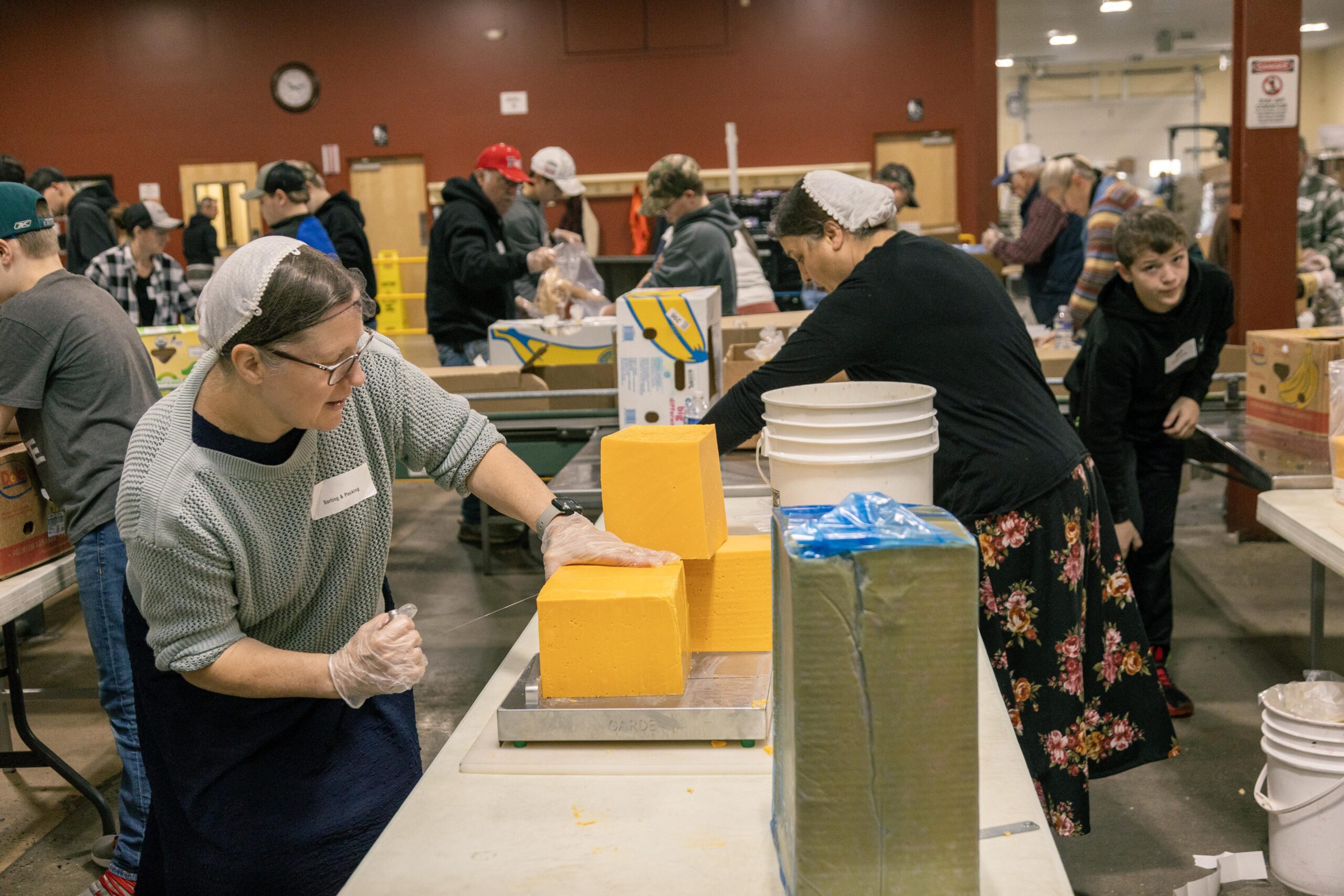 Volunteers packaging cheese blocks in a community food distribution center, showcasing teamwork and collaboration in a busy environment.
