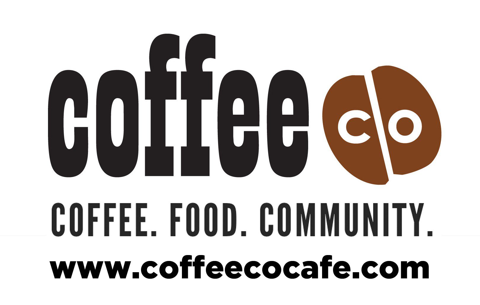 Logo of Coffee Co, featuring the tagline "Coffee. Food. Community." along with the website URL www.coffeecocafe.com, representing a coffee shop that emphasizes community engagement and quality food and beverages.