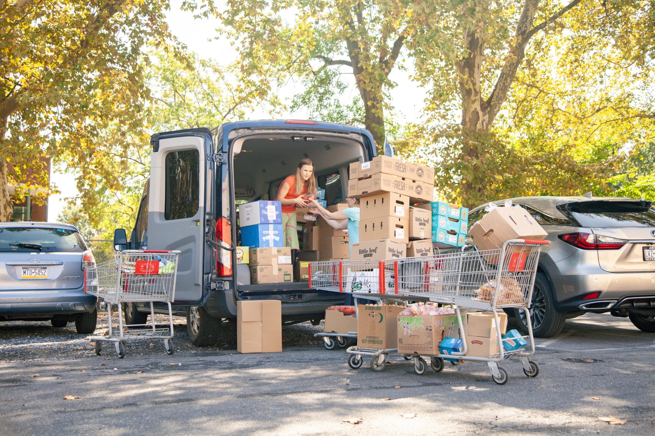 A woman unloading boxes from a delivery van filled with groceries and supplies, surrounded by shopping carts in a parking lot with autumn trees in the background.