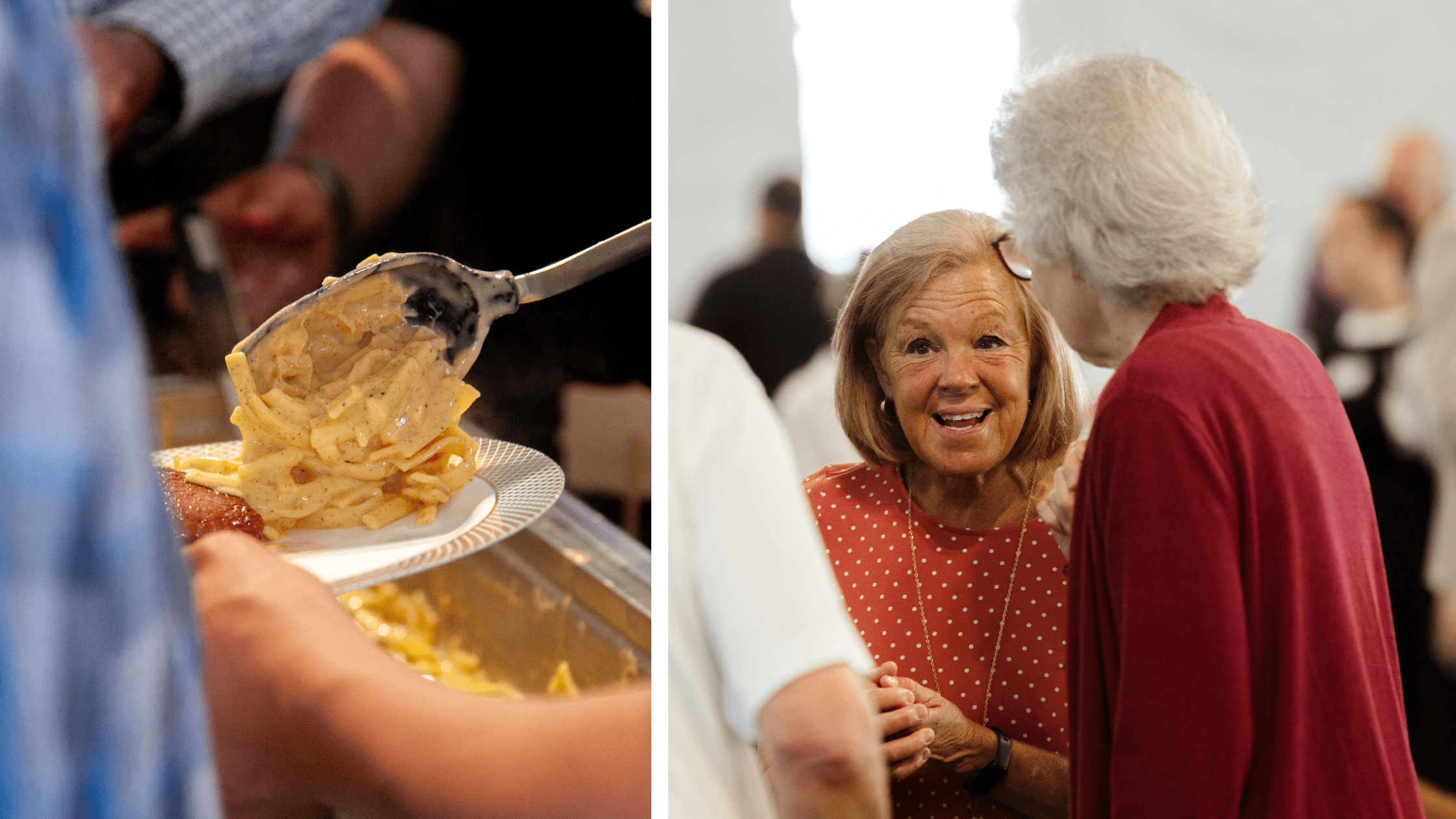 A serving of creamy pasta being plated at a banquet, with two women engaged in conversation in the background, showcasing a lively atmosphere of community and dining.