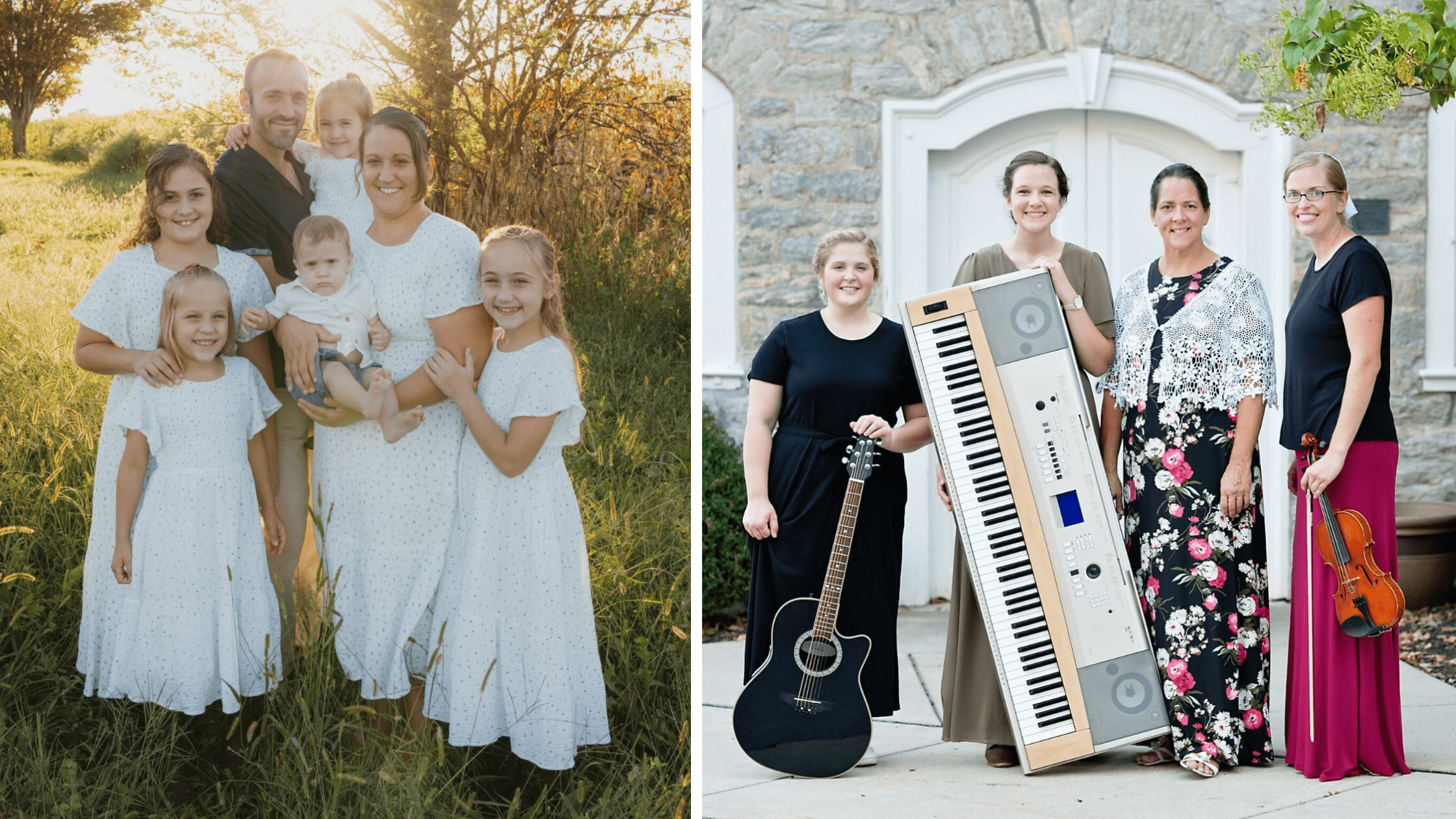 Family portrait in a sunlit field featuring a man, a woman, and five children, all wearing white dresses with floral patterns. In a separate image, four women pose with musical instruments, including a keyboard, guitar, and violin, in front of a stone building.