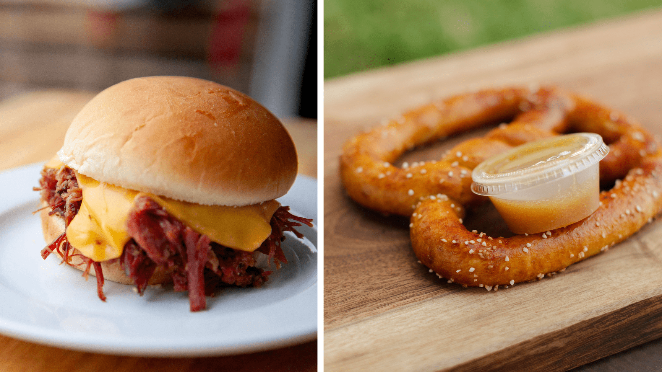 Delicious pulled pork sandwich with melted cheddar cheese on a soft bun, alongside a freshly baked pretzel served with a dipping sauce on a wooden board.